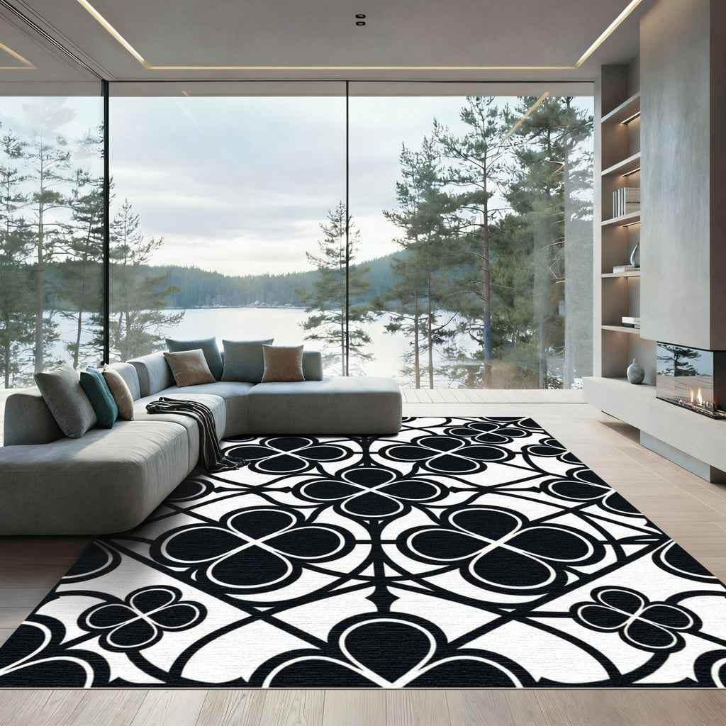 Monochrome Gothic Quatrefoil Geometric Tile Rug