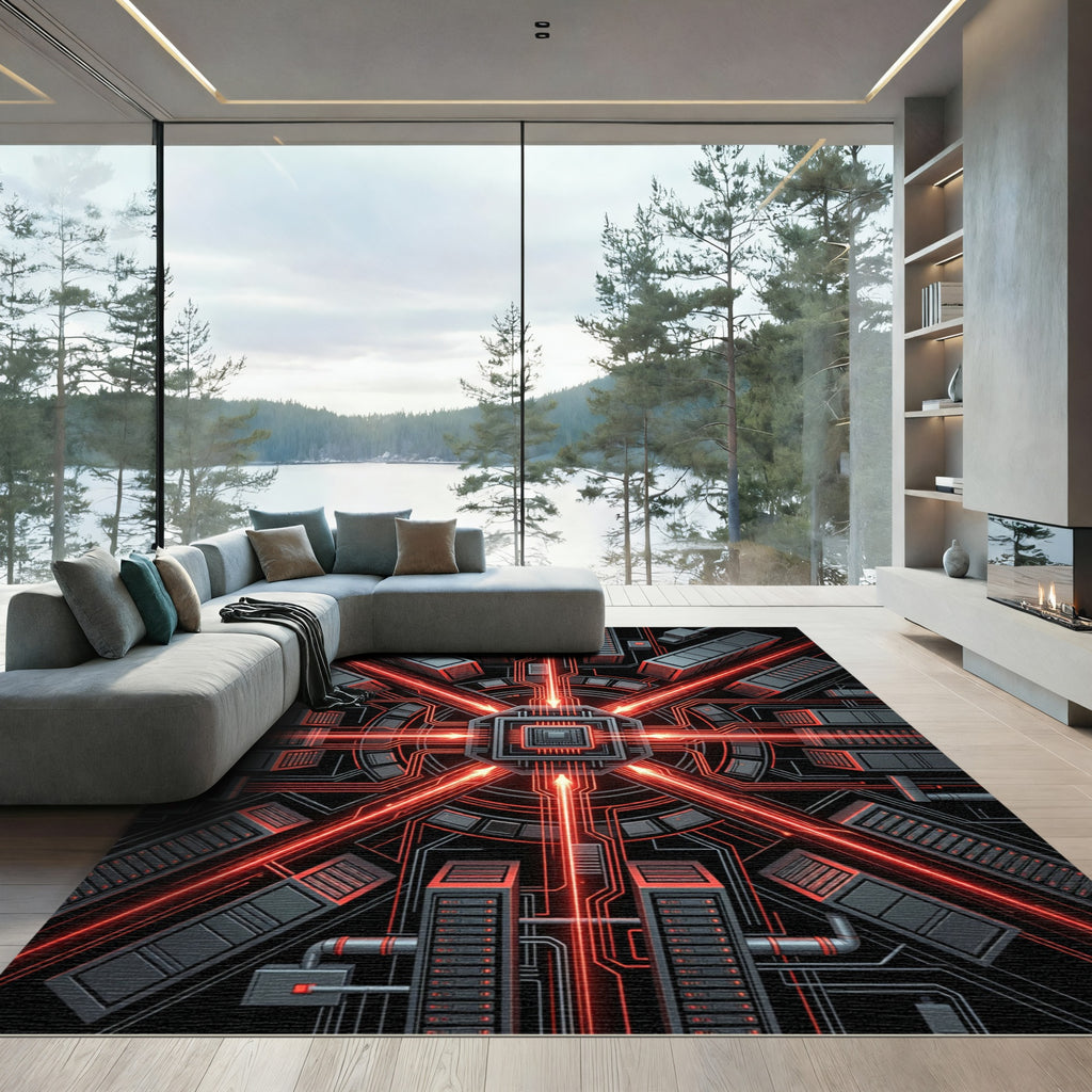 Cybernetic Red Circuit Board Abstract Rug