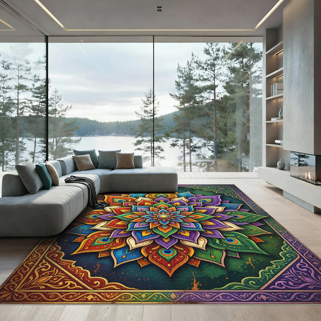 Vibrant Peacock Mandala Medallion Rug