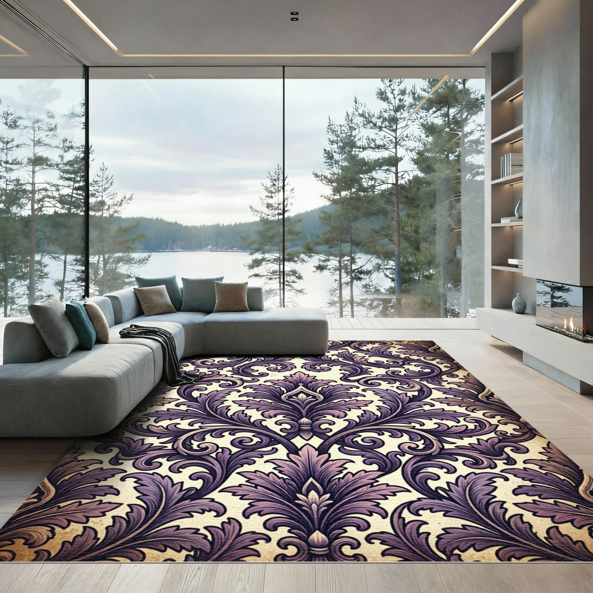 Elegant Amethyst Ornate Scroll Damask Rug