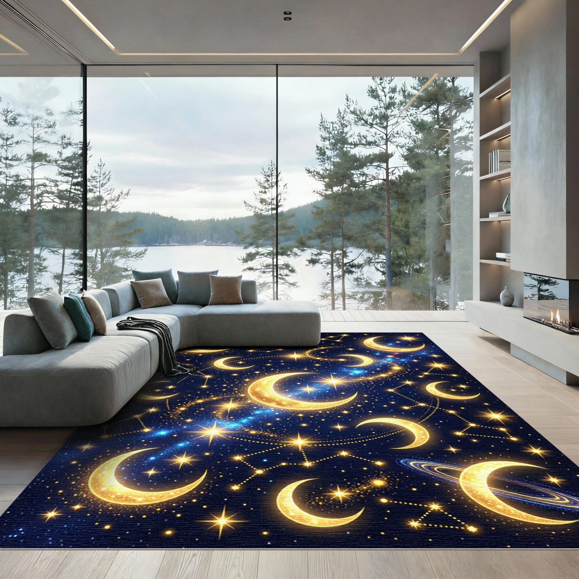 Golden Celestial Moon and Starry Night Rug
