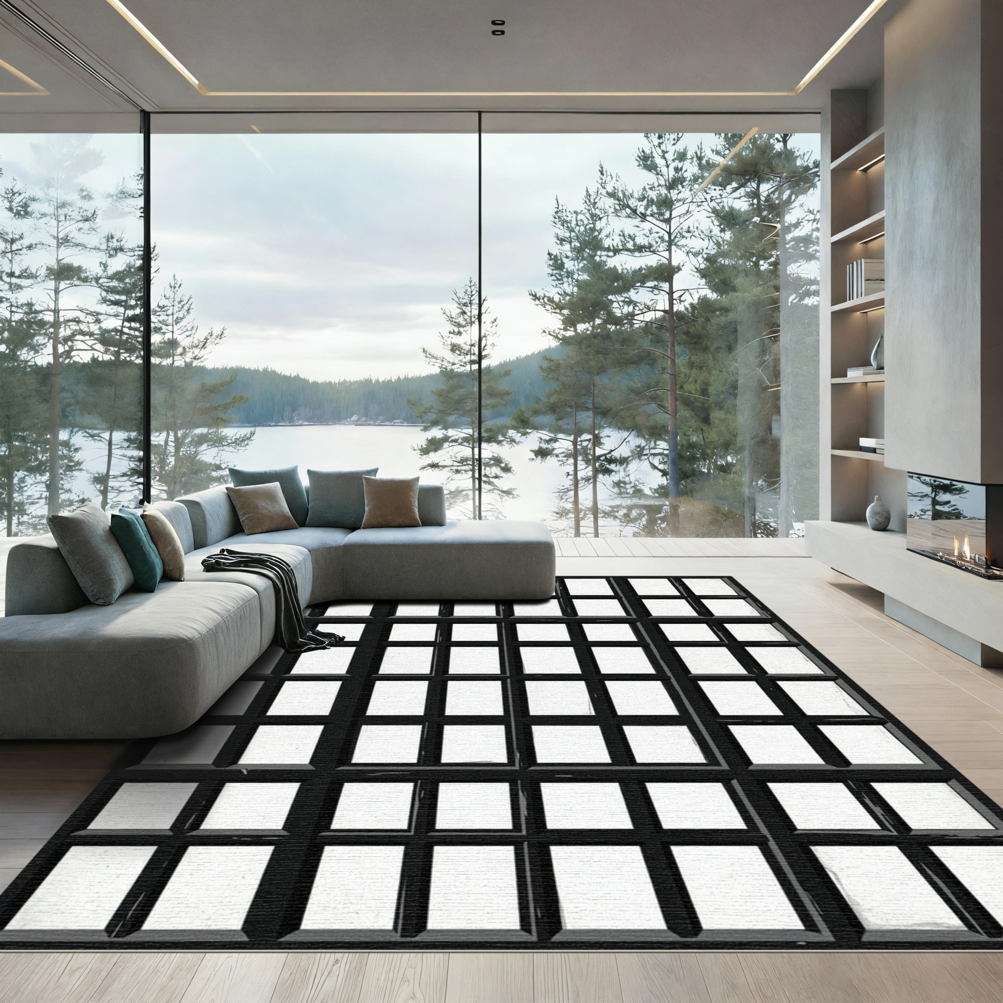Minimalist Black and White Grid Window Rug