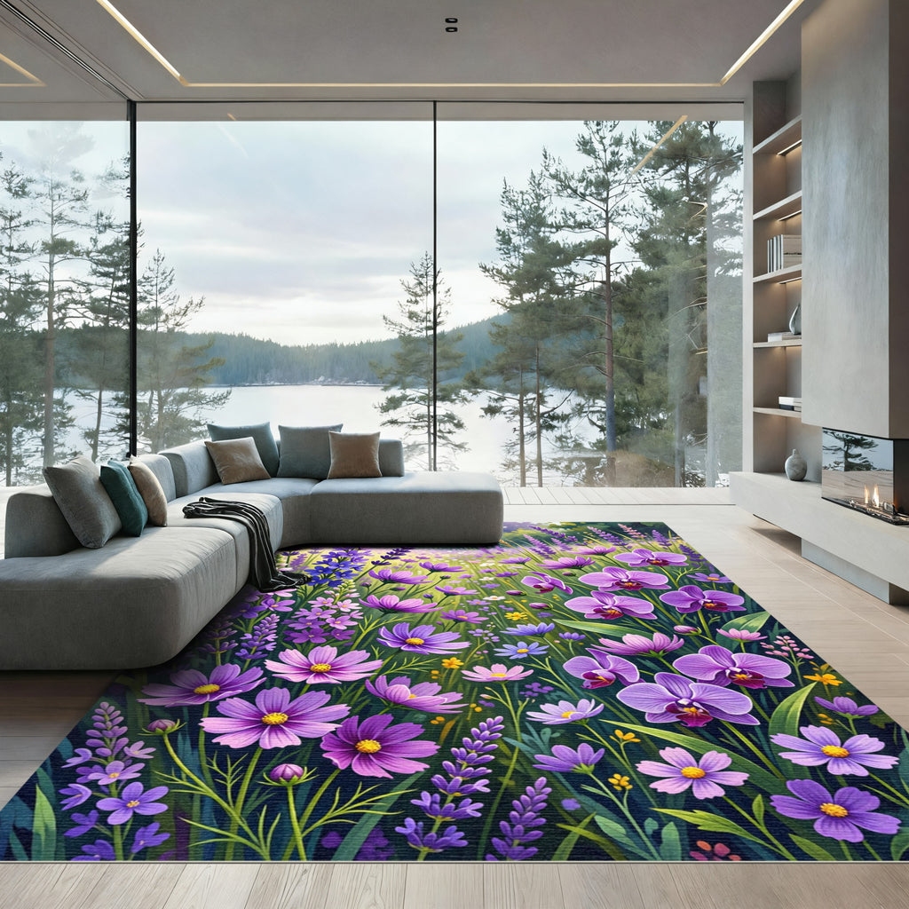 Vibrant Purple Orchid Lavender Field Rug