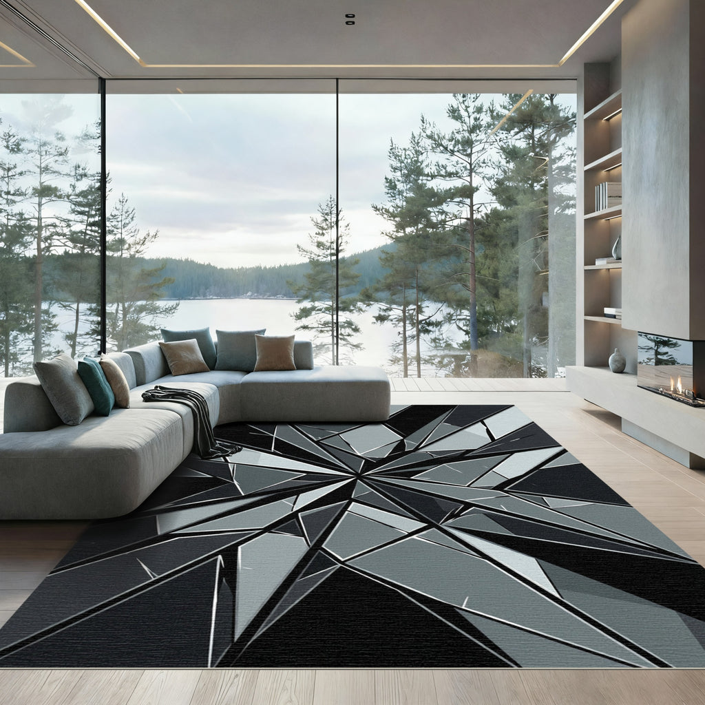 Monochrome Geometric Shattered Glass Abstract Rug