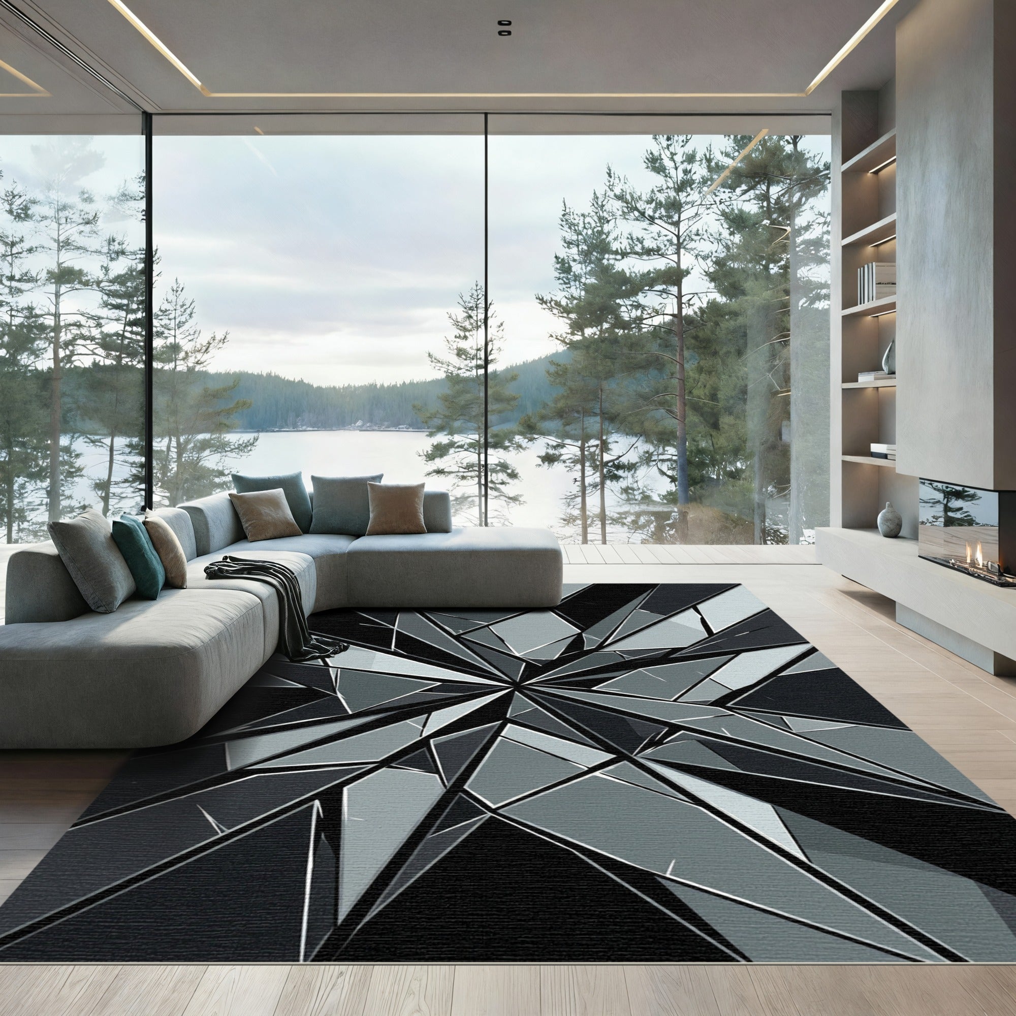 Monochrome Geometric Shattered Glass Abstract Rug