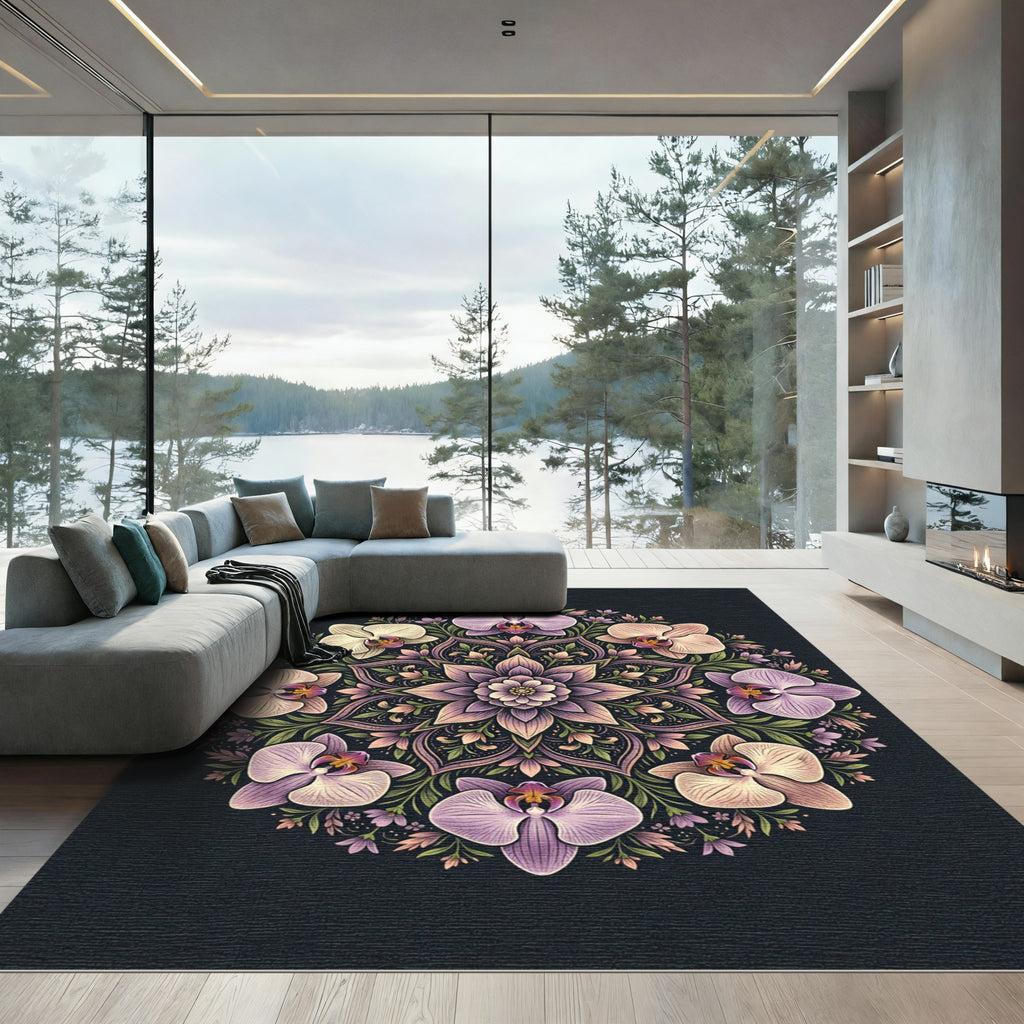 Elegant Floral Orchid Mandala Round Rug