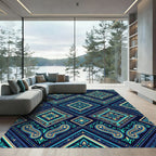 Navy Teal Golden Diamond Medallion Rug