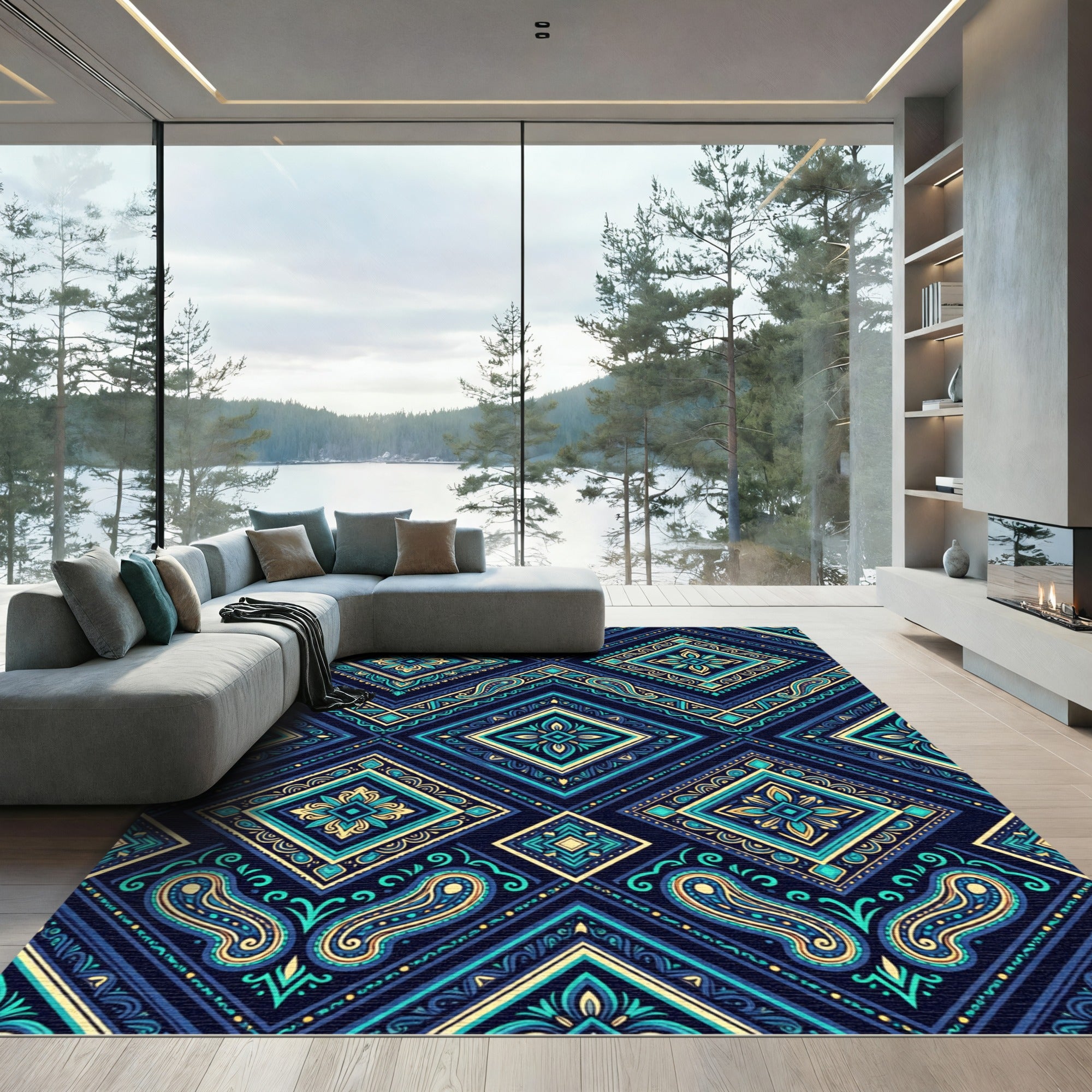Navy Teal Golden Diamond Medallion Rug