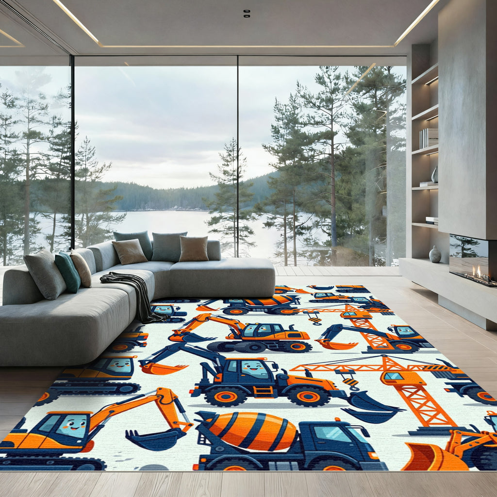 Playful Orange Cartoon Construction Vehicle Art Rug