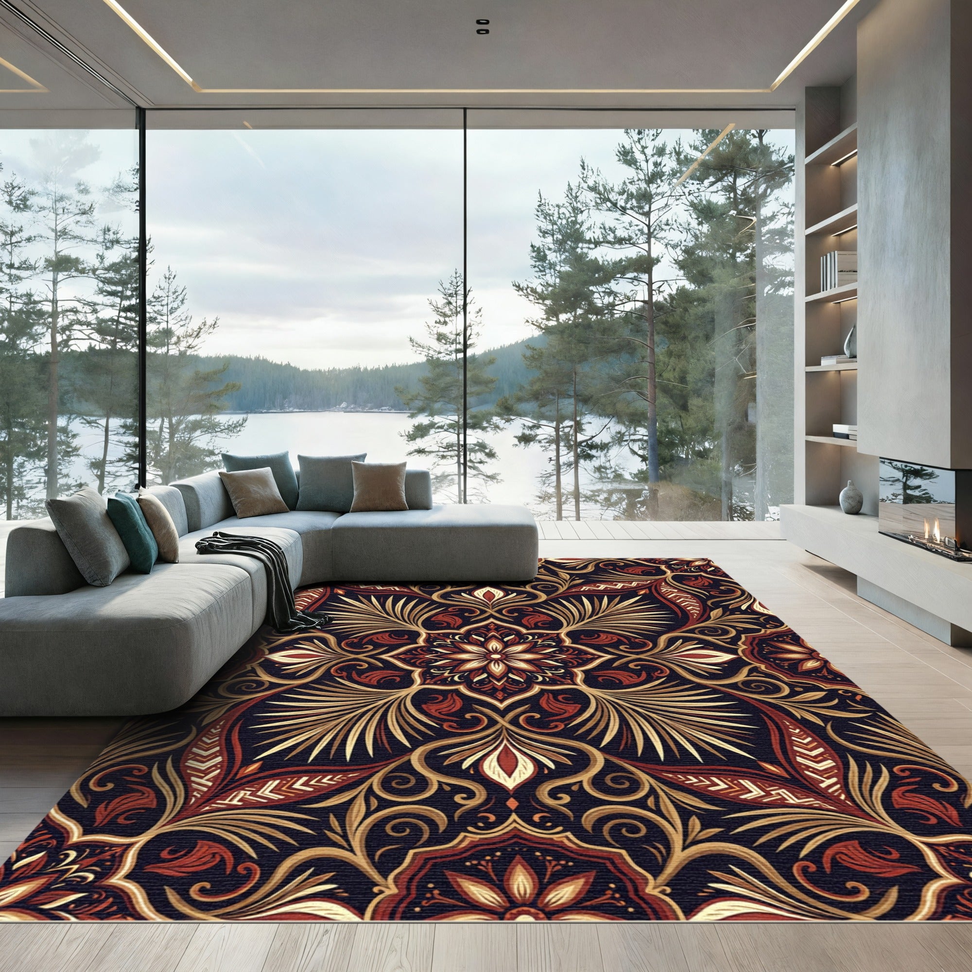 Earthy Terracotta Botanical Floral Medallion Rug