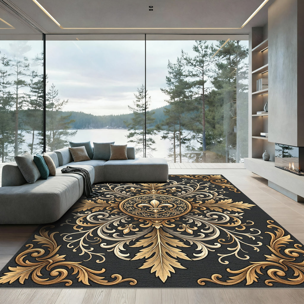 Ornate Golden Fleur de Lis Medallion Rug