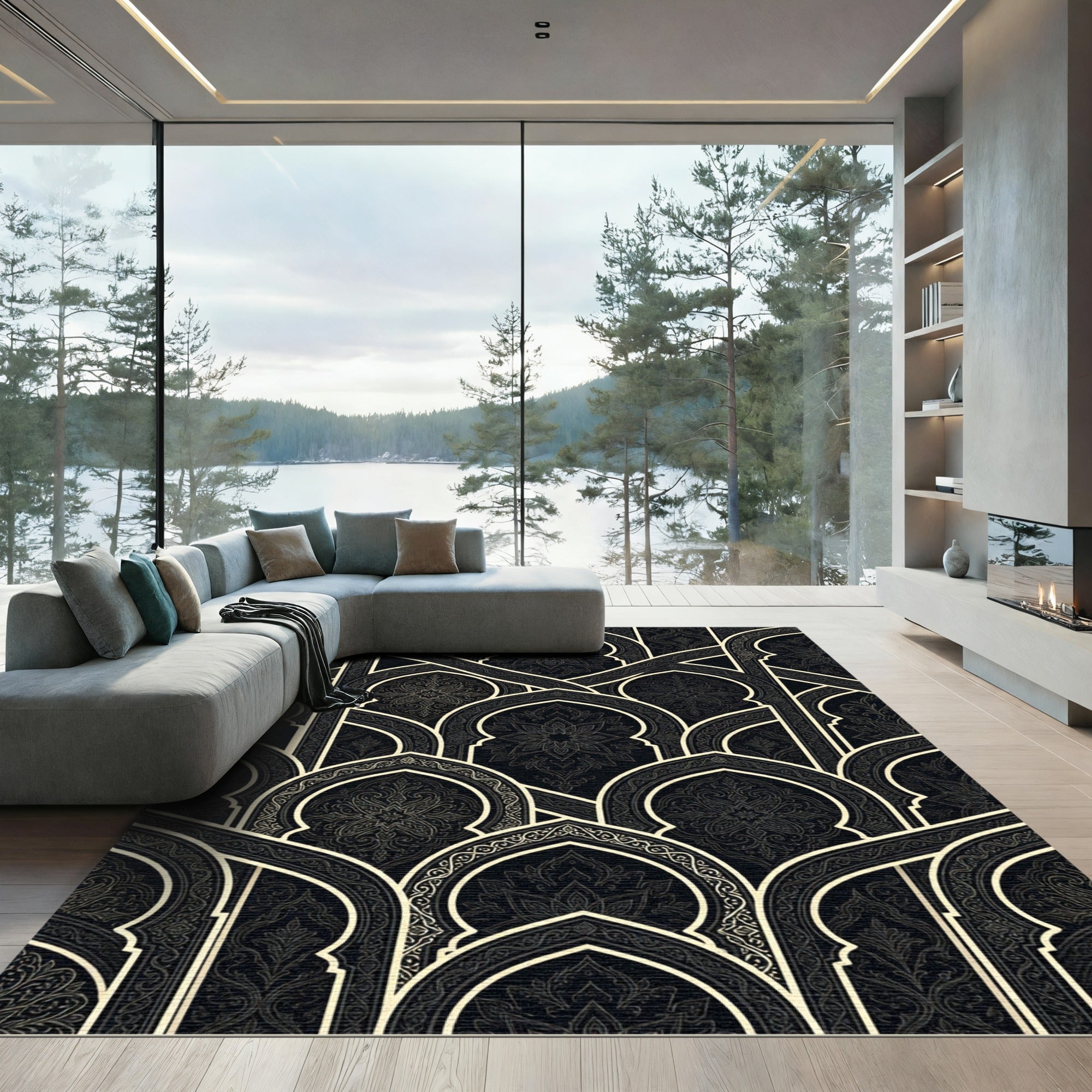 Ornate Black and Gold Archway Mosaic Rug