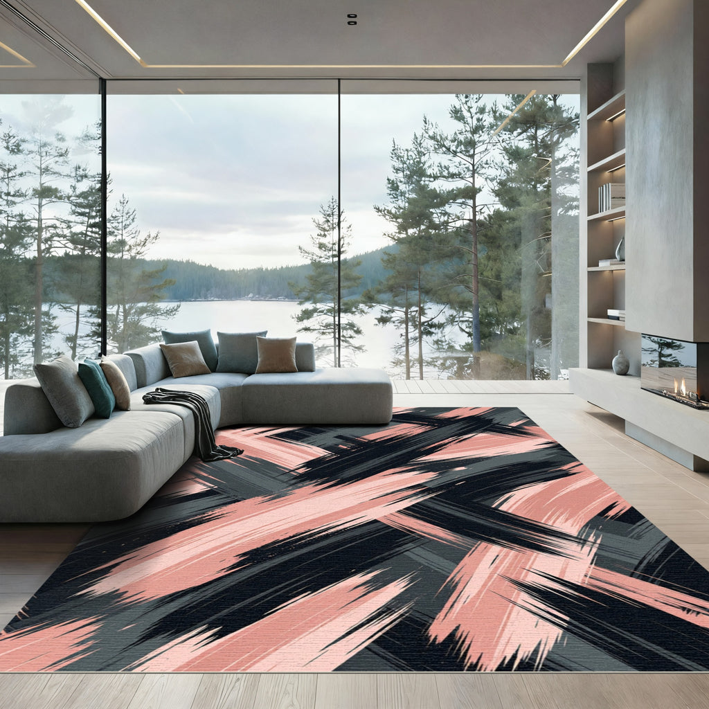 Blush Rose and Charcoal Abstract Strokes Rug