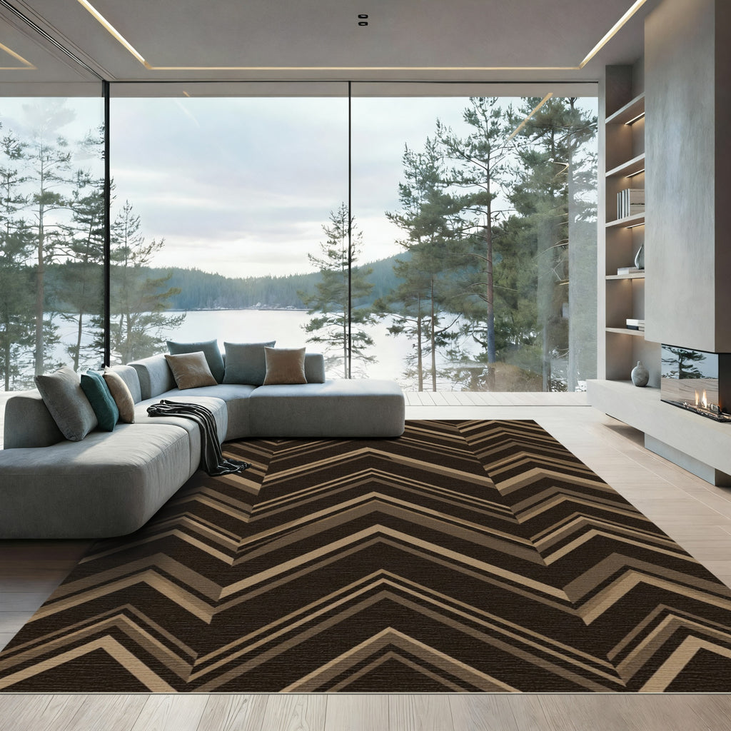Sophisticated Brown Chevron Geometric Zigzag Rug