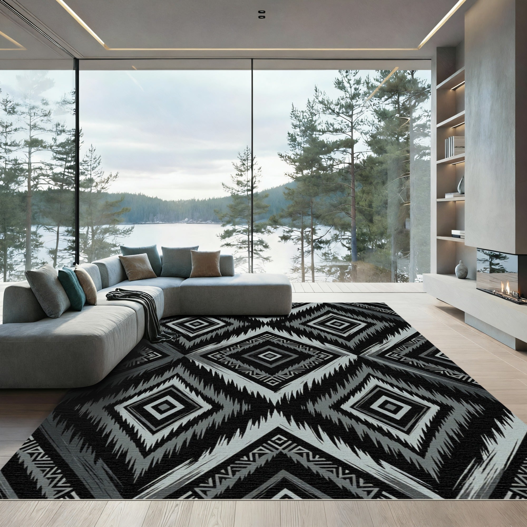 Monochrome Diamond Tribal Geometry Rug
