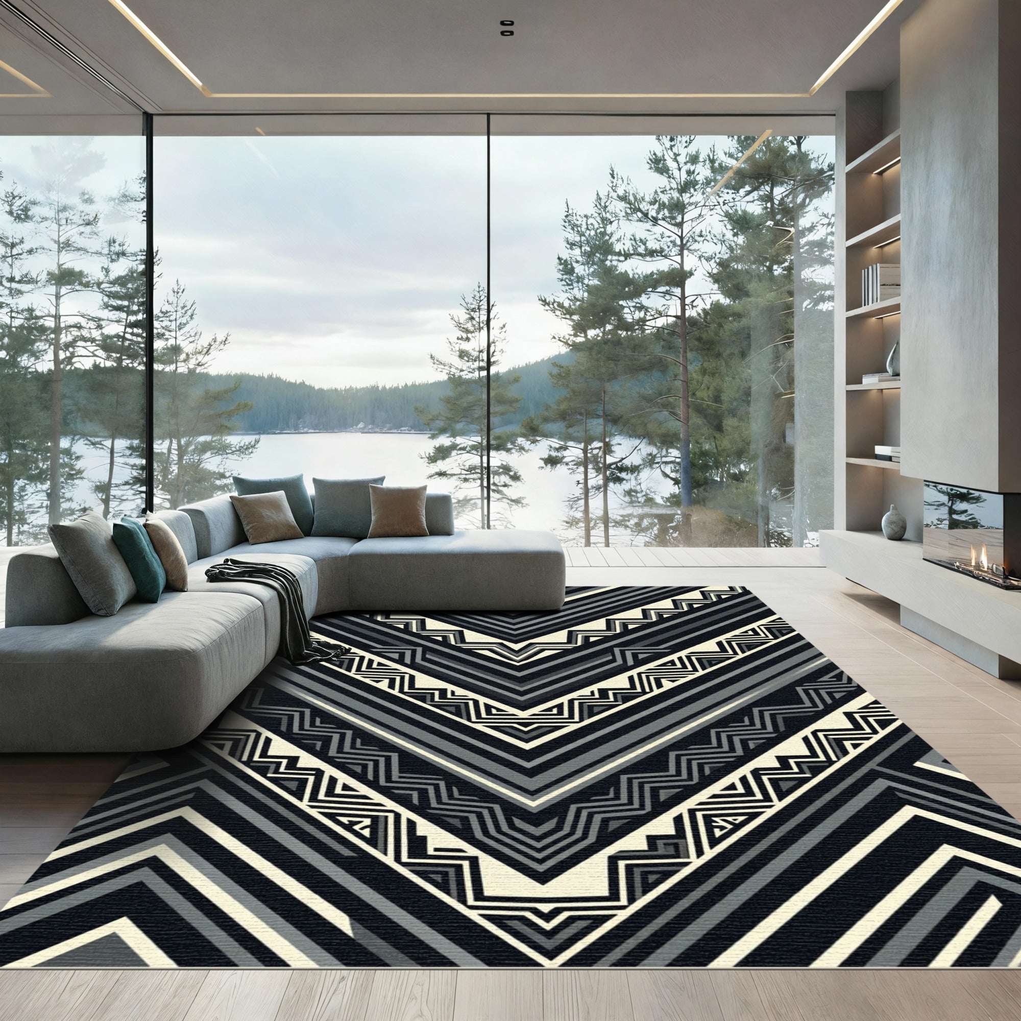 Monochromatic Chevron Geometric Black Gray Rug
