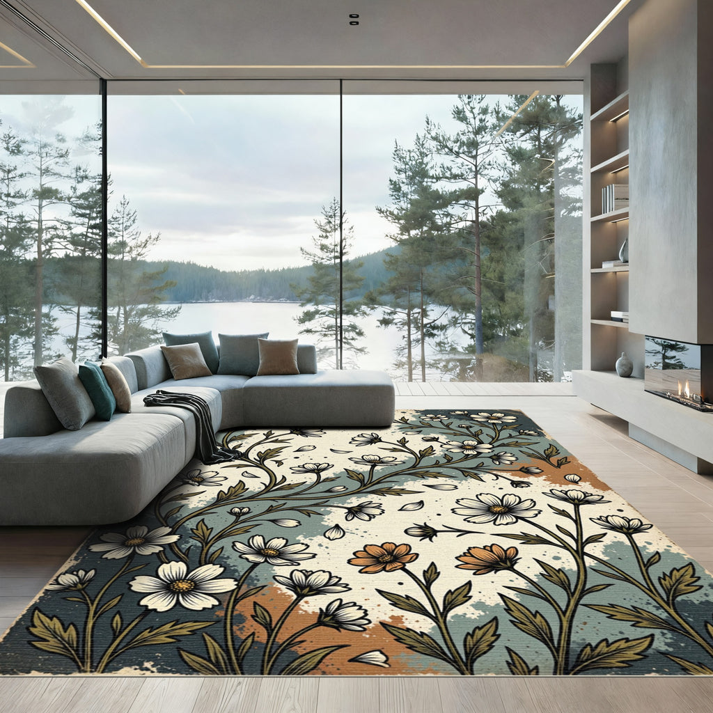 Vintage Sage Wildflower Earthy Ink Illustration Rug