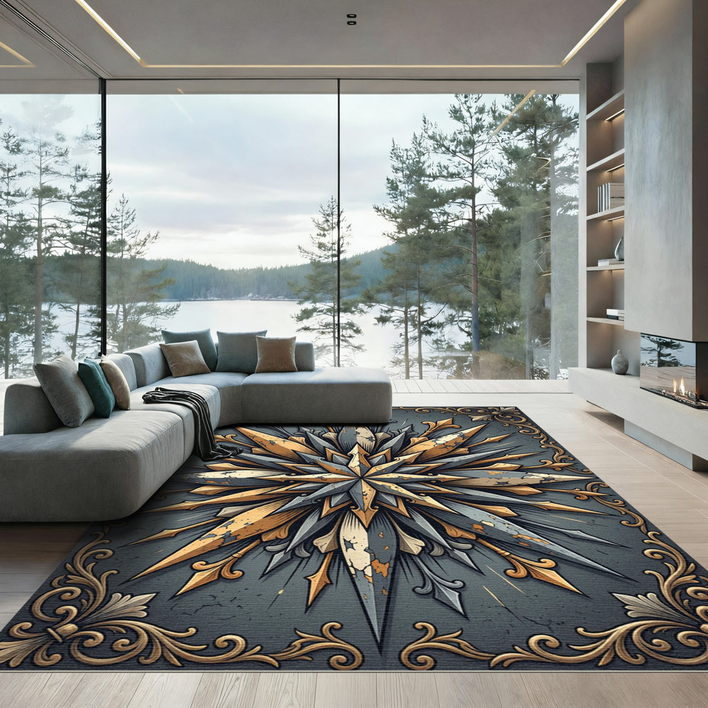 Gilded Starburst Gray Filigree Medallion Rug