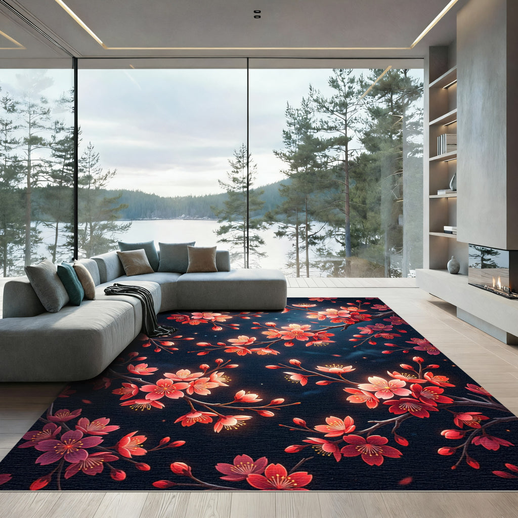 Vibrant Cherry Blossom Branches Dark Rug