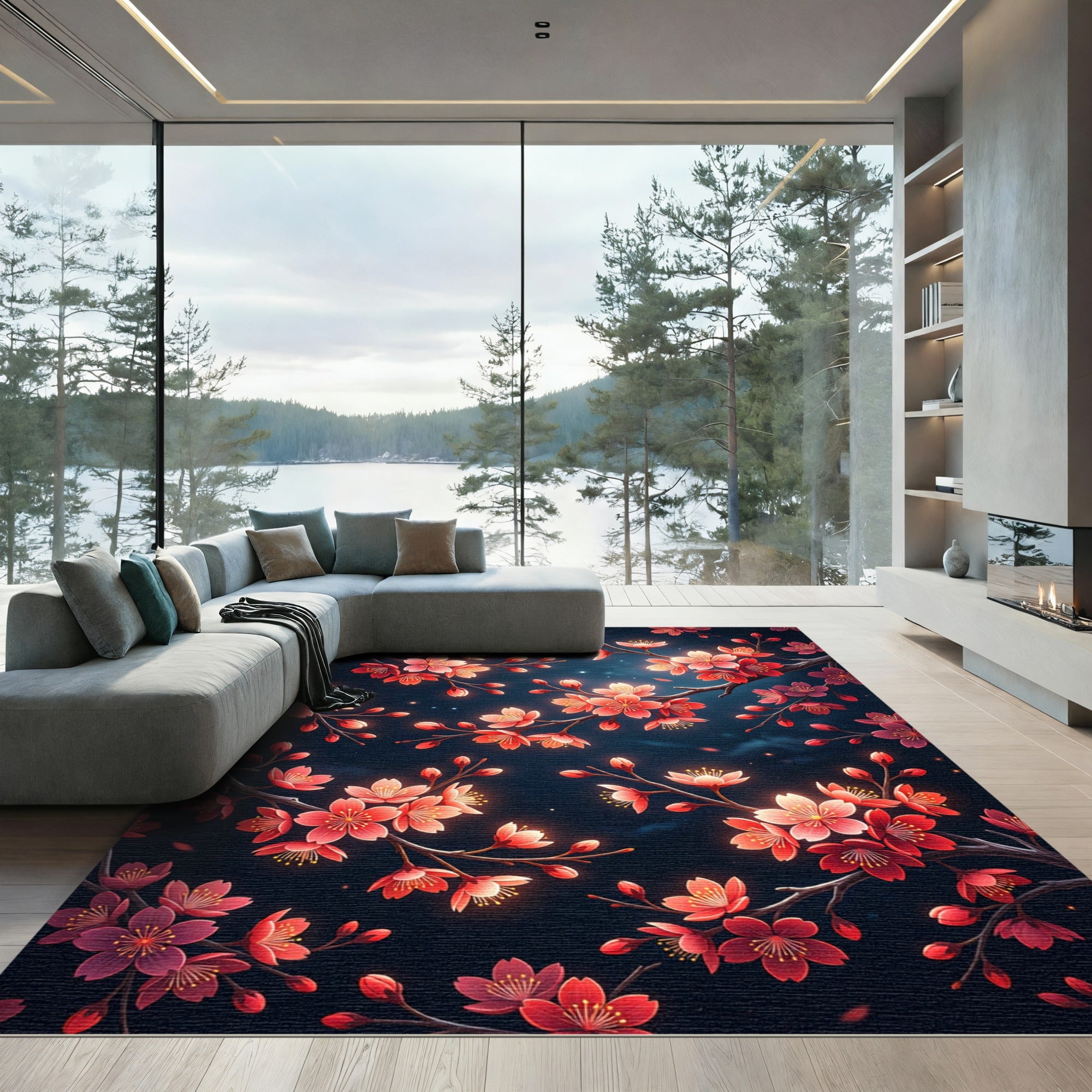 Vibrant Cherry Blossom Branches Dark Rug