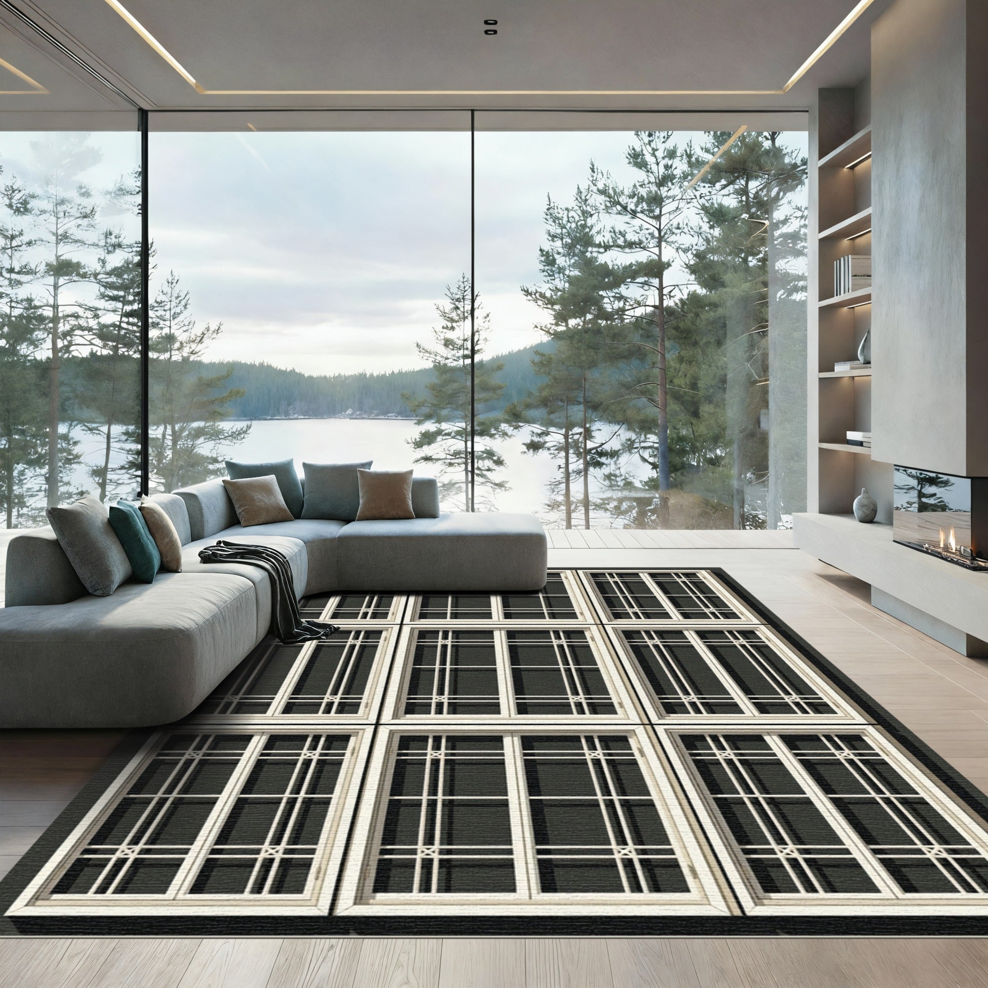 Modern White Grid Window Arrangement Rug
