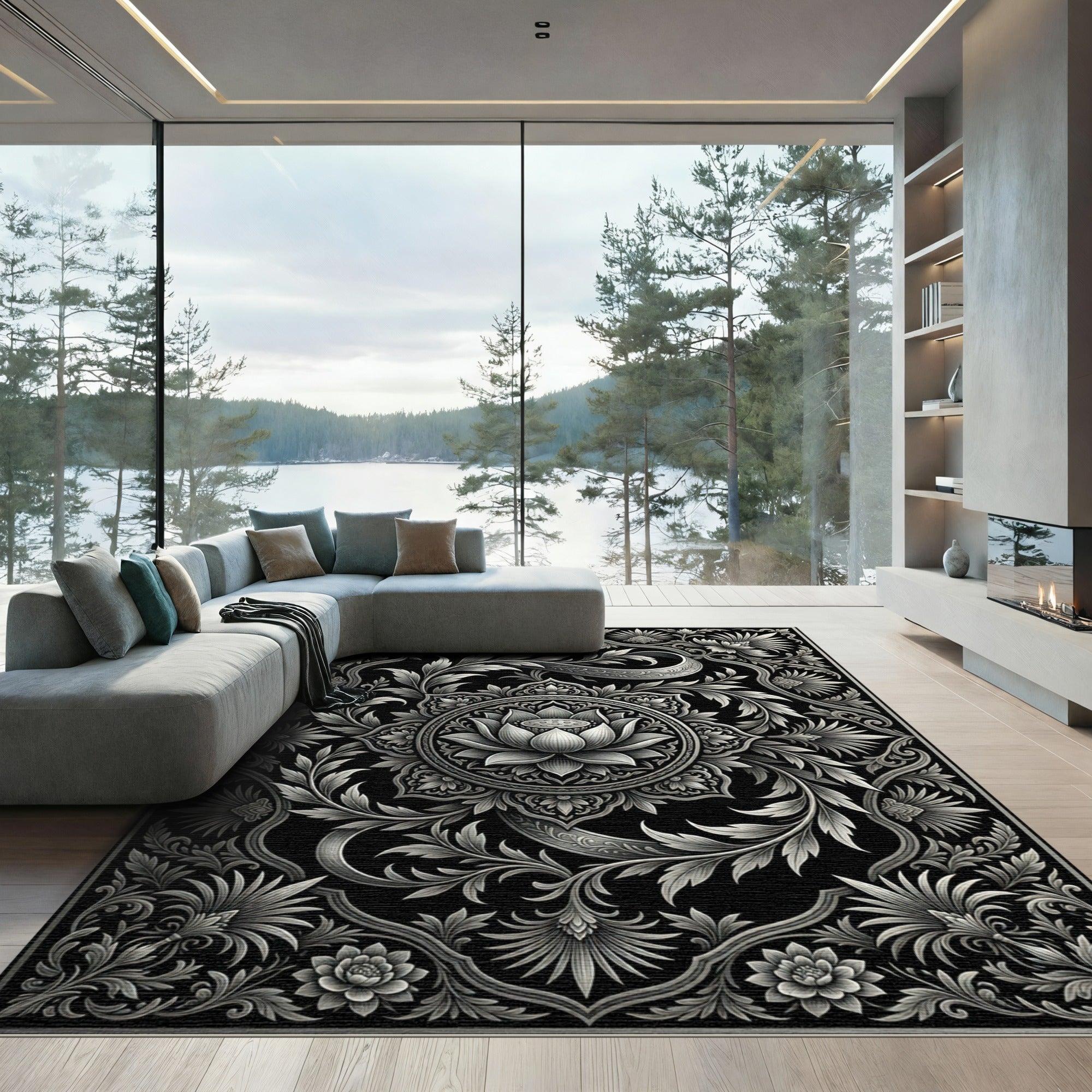 Monochromatic Silver Floral Lotus Medallion Rug