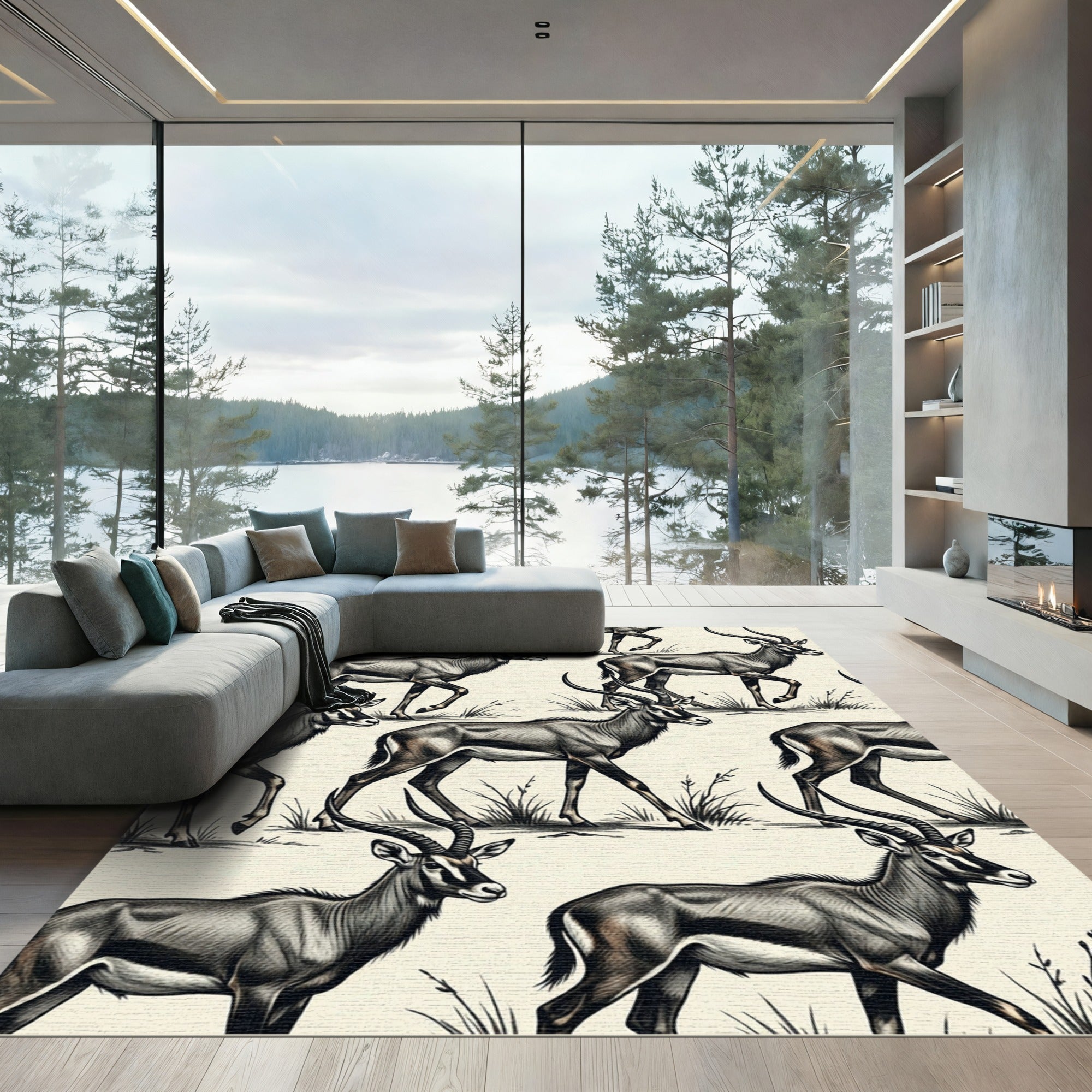 Safari Antelope Herd Neutral Earth Tone Rug