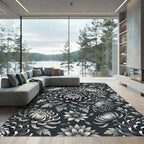 Monochromatic Dark Gray Chrysanthemum Floral Botanical Rug
