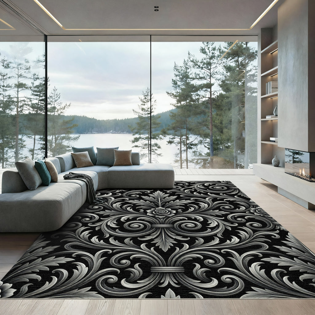 Ornate Gray Scroll Leaf Floral Rug