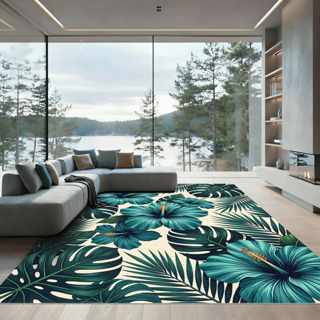 Tropical Teal Hibiscus Leaf Pattern Rug