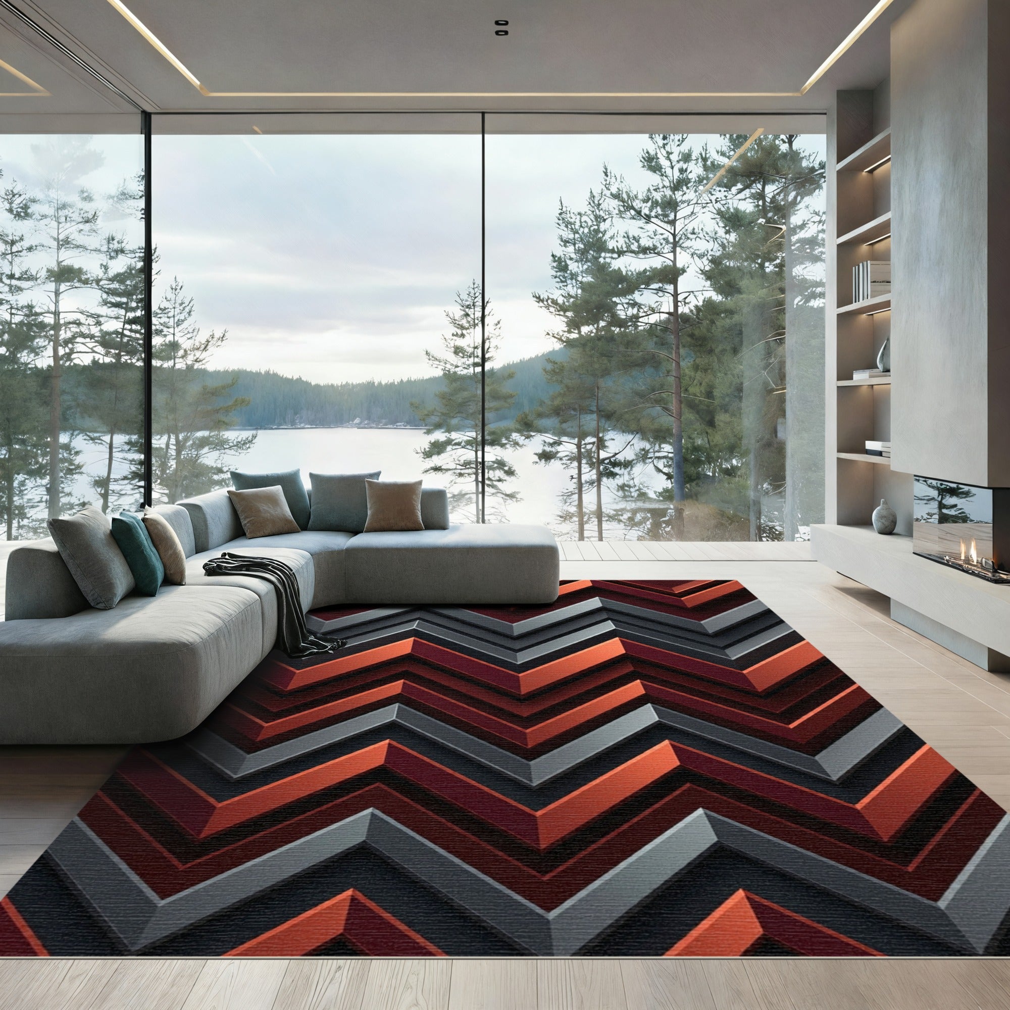 Bold Crimson Gray Chevron Rug