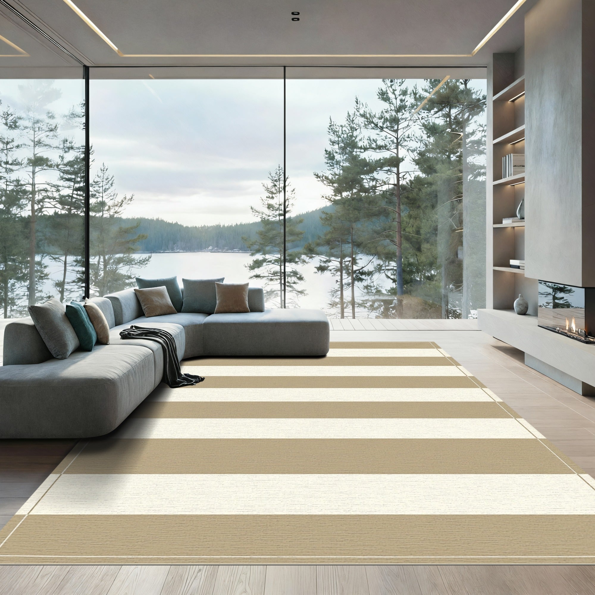 Earthy Taupe Cream Wide Stripe Rug