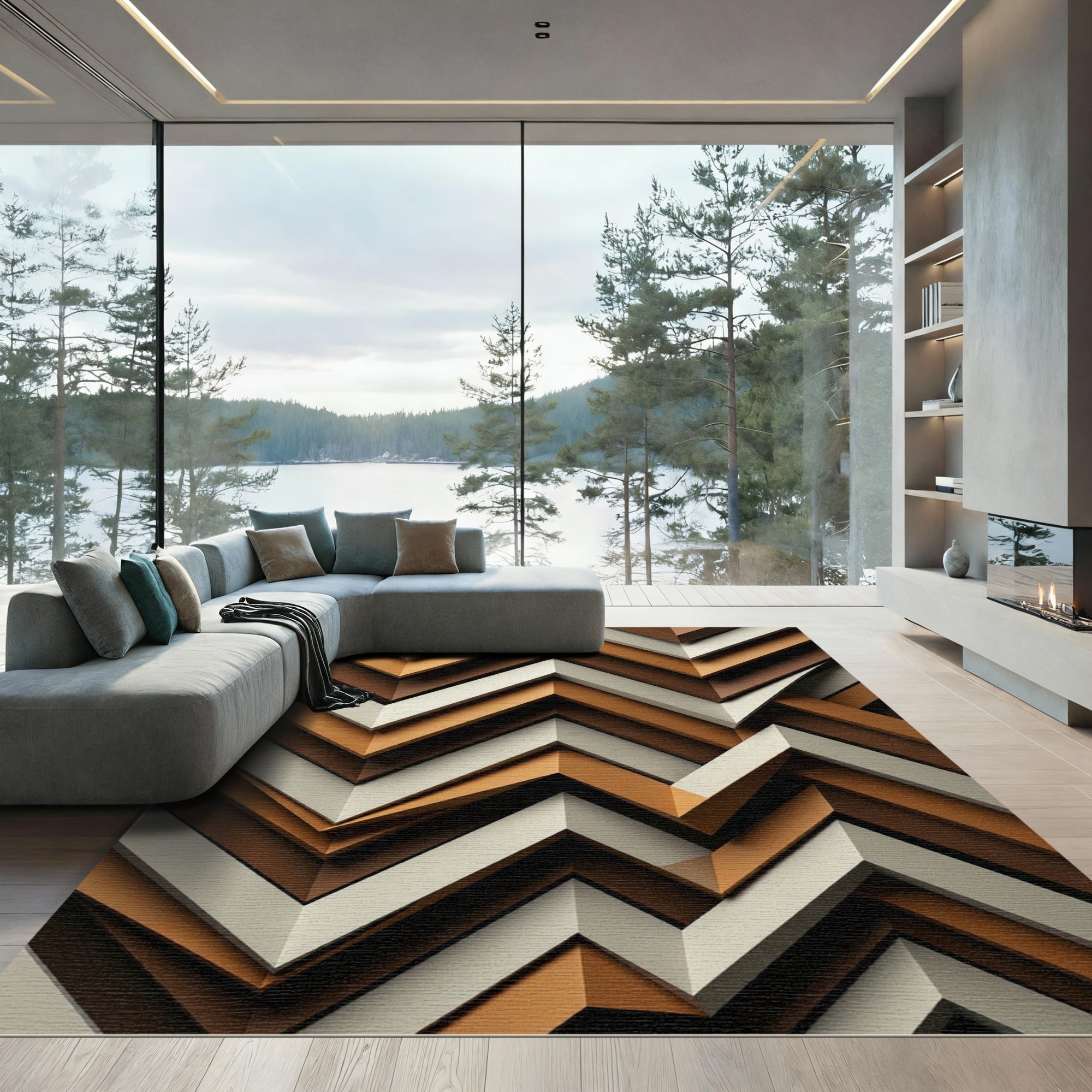 Abstract Earth Tone Chevron Layered Rug