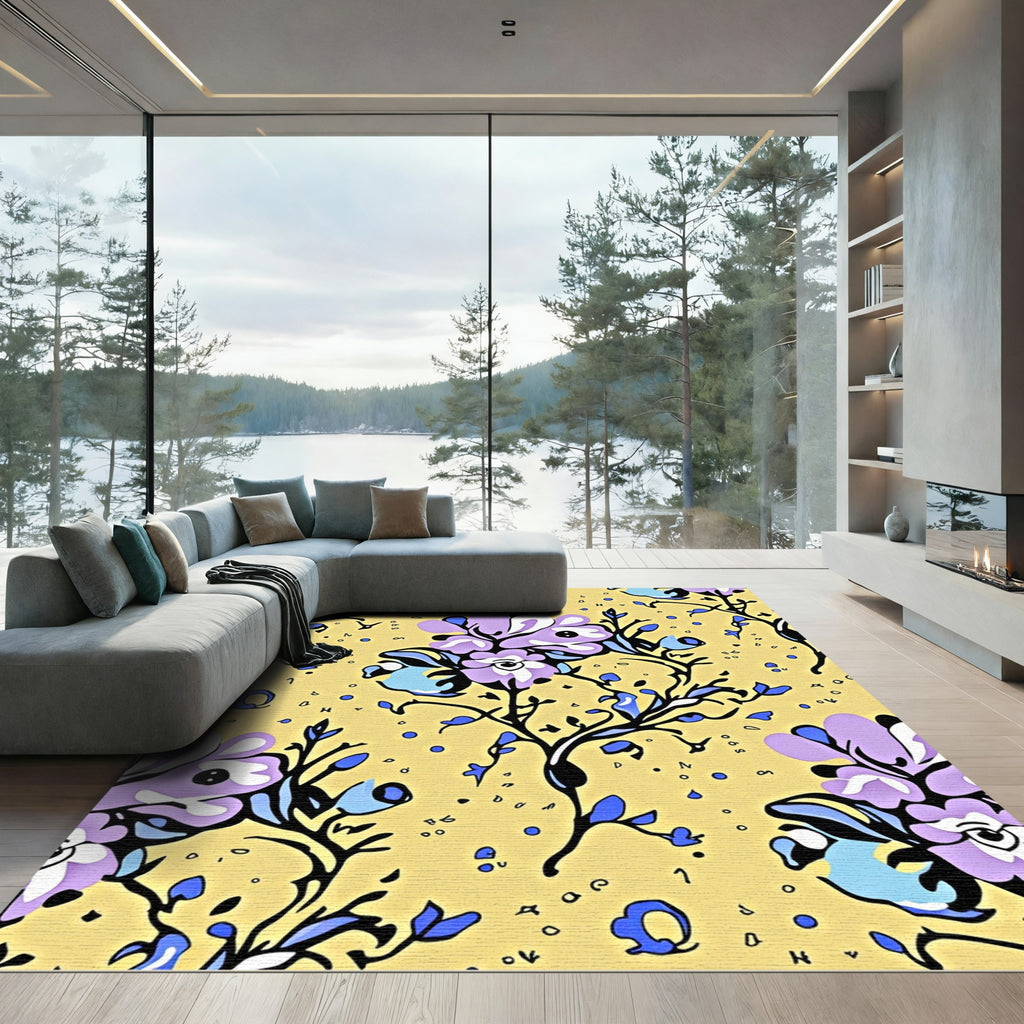 Lavender Lilac Floral Vine Yellow Rug