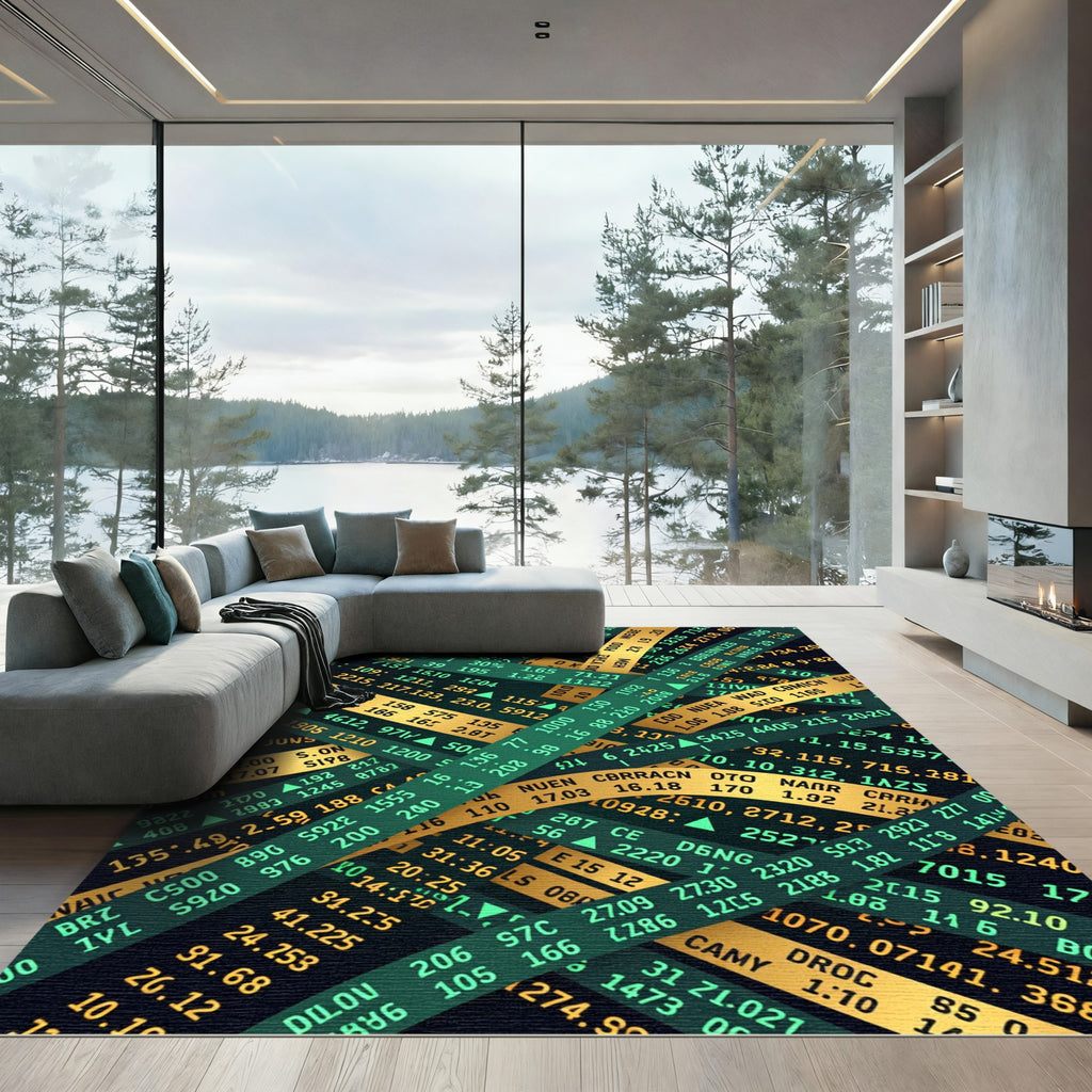 Modern Green and Gold Financial Ticker Rug