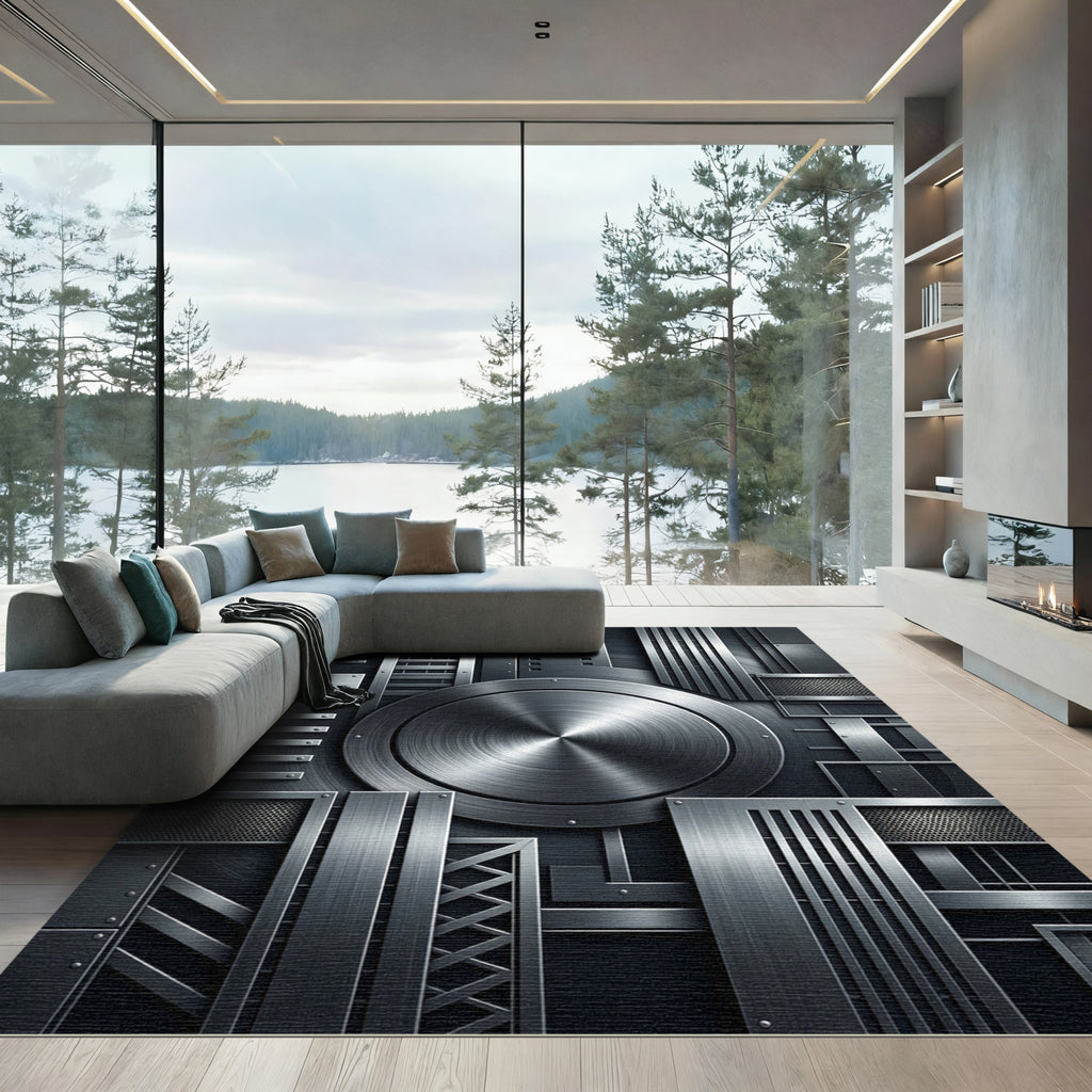 Industrial Metallic Silver Geometric Steel Rug
