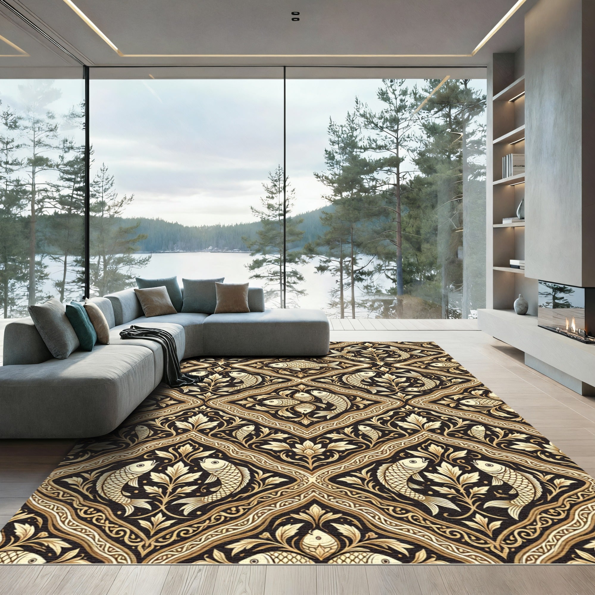 Vintage Gold Fish Floral Vine Rug