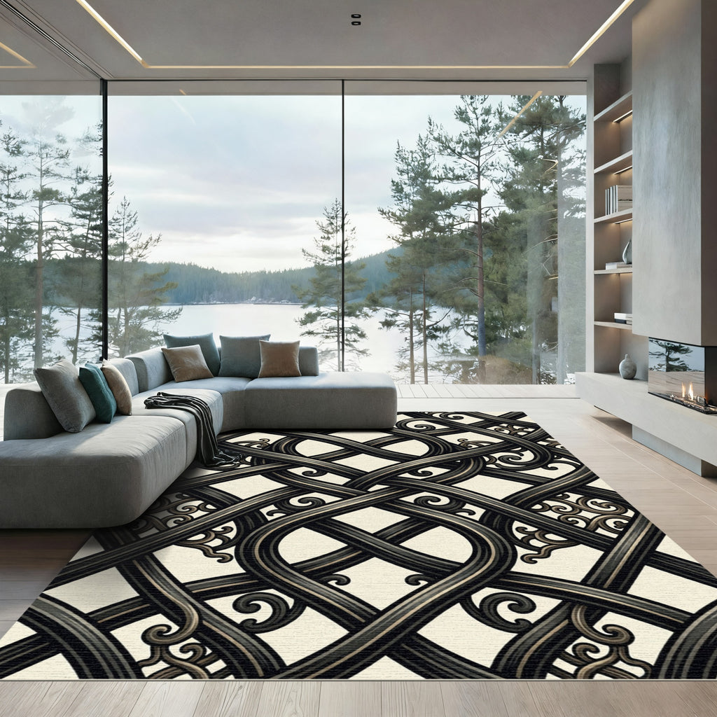 Ornate Charcoal Entwined Scrollwork Scroll Rug