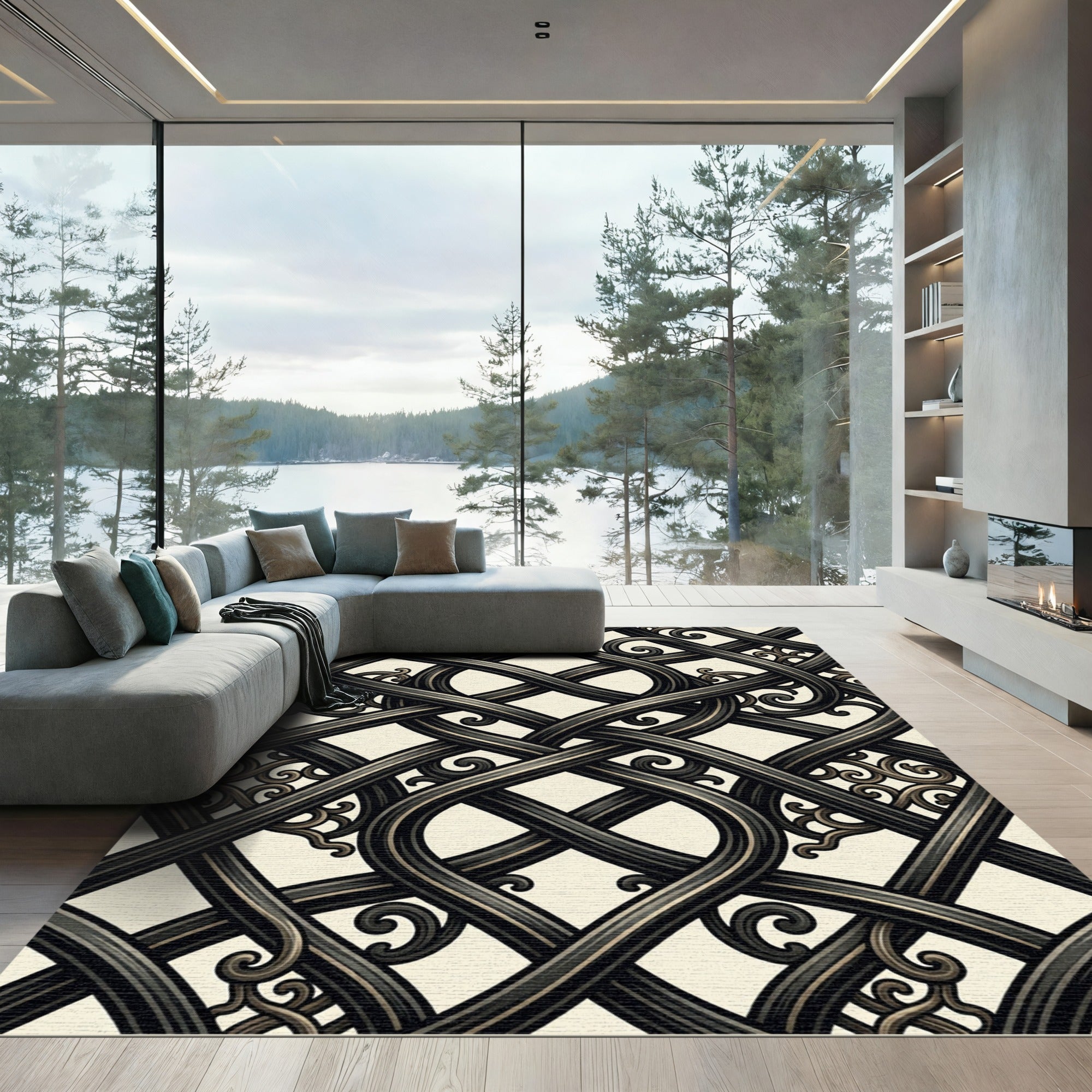 Ornate Charcoal Entwined Scrollwork Scroll Rug
