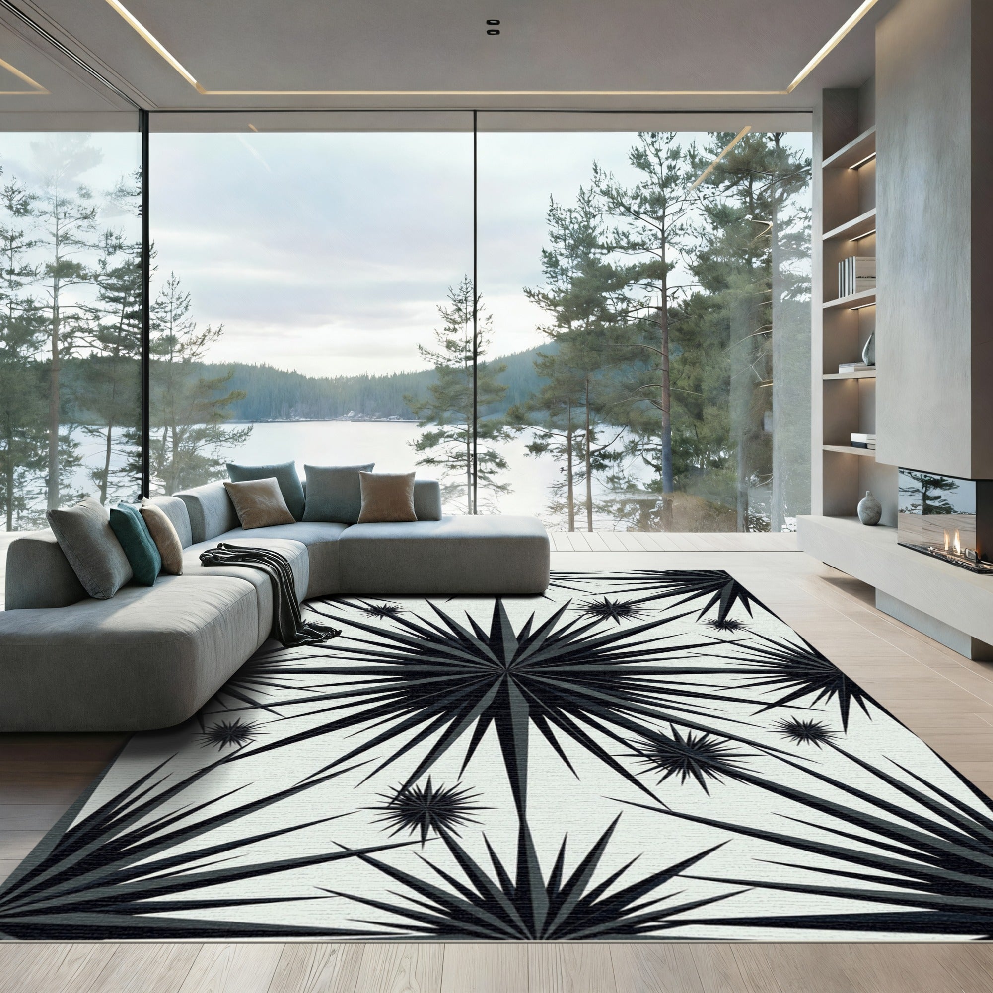 Monochromatic Spiky Starburst Mandala Rug
