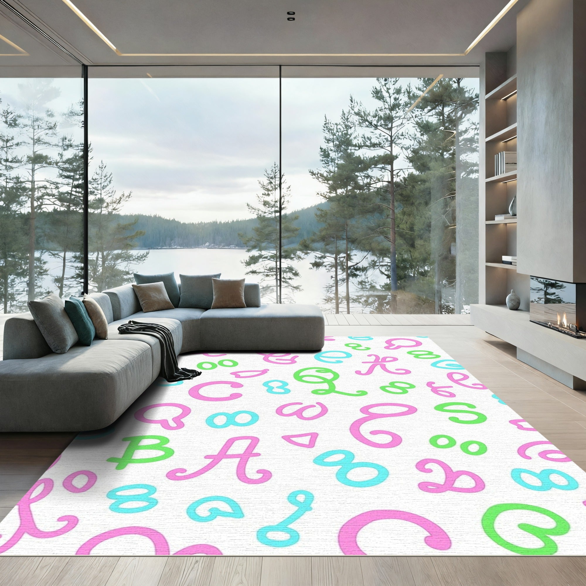Playful Script Alphabet Pink Blue Green Rug