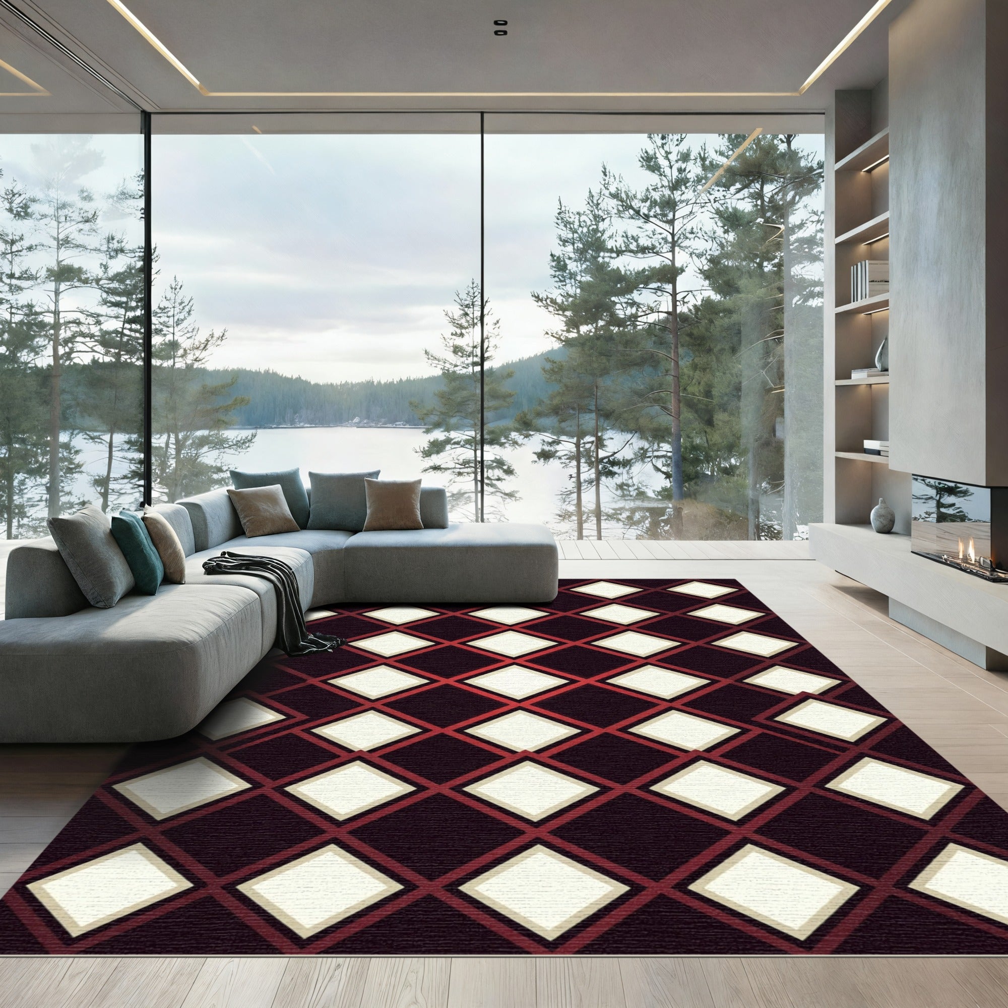 Crimson and Cream Diamond Lattice Rug