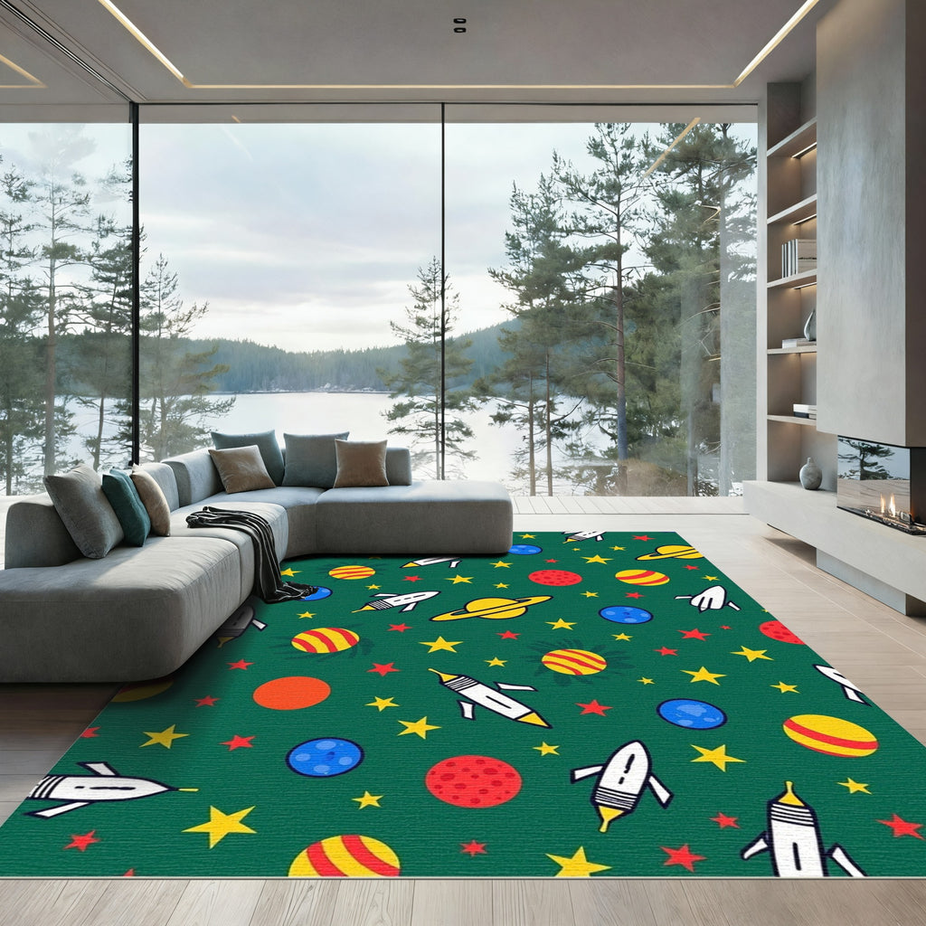 Whimsical Space Rocket And Stars Rug