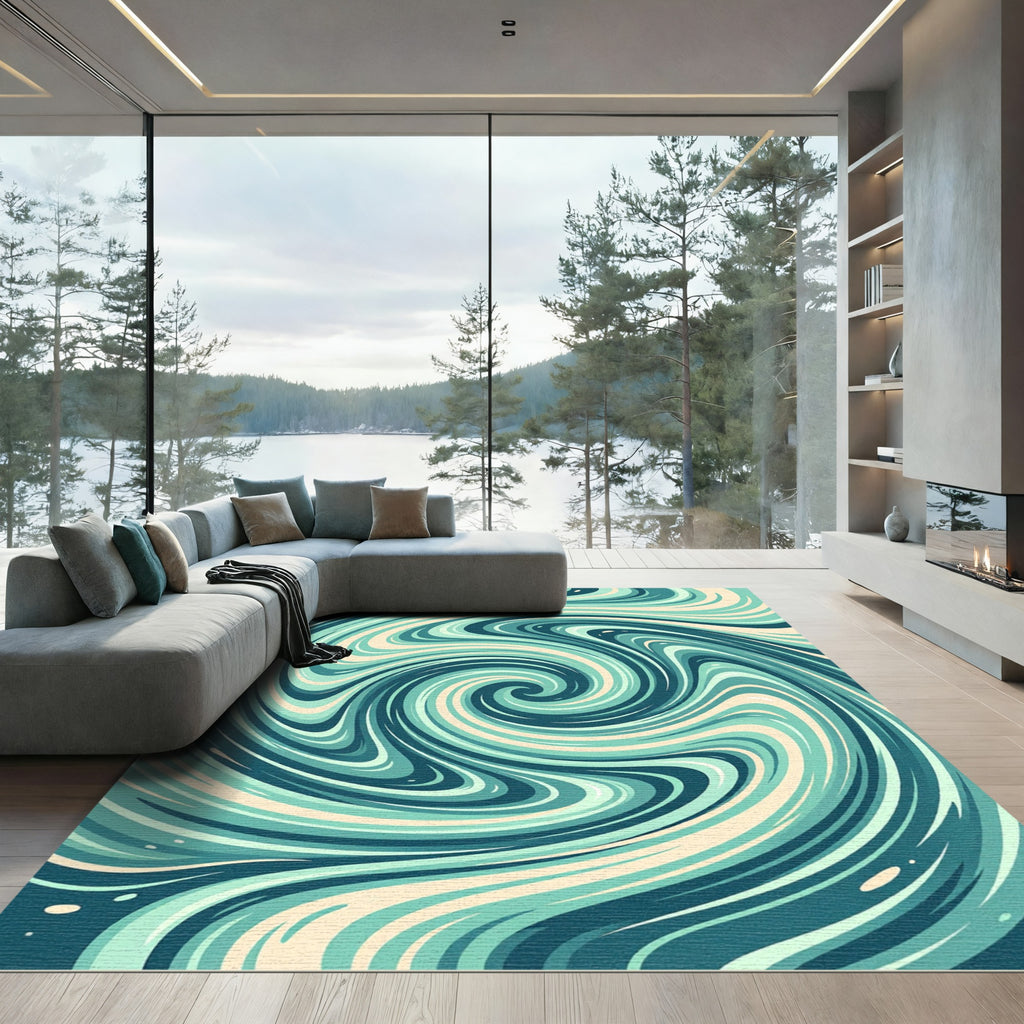 Modern Teal Swirl Abstract Vortex Rug