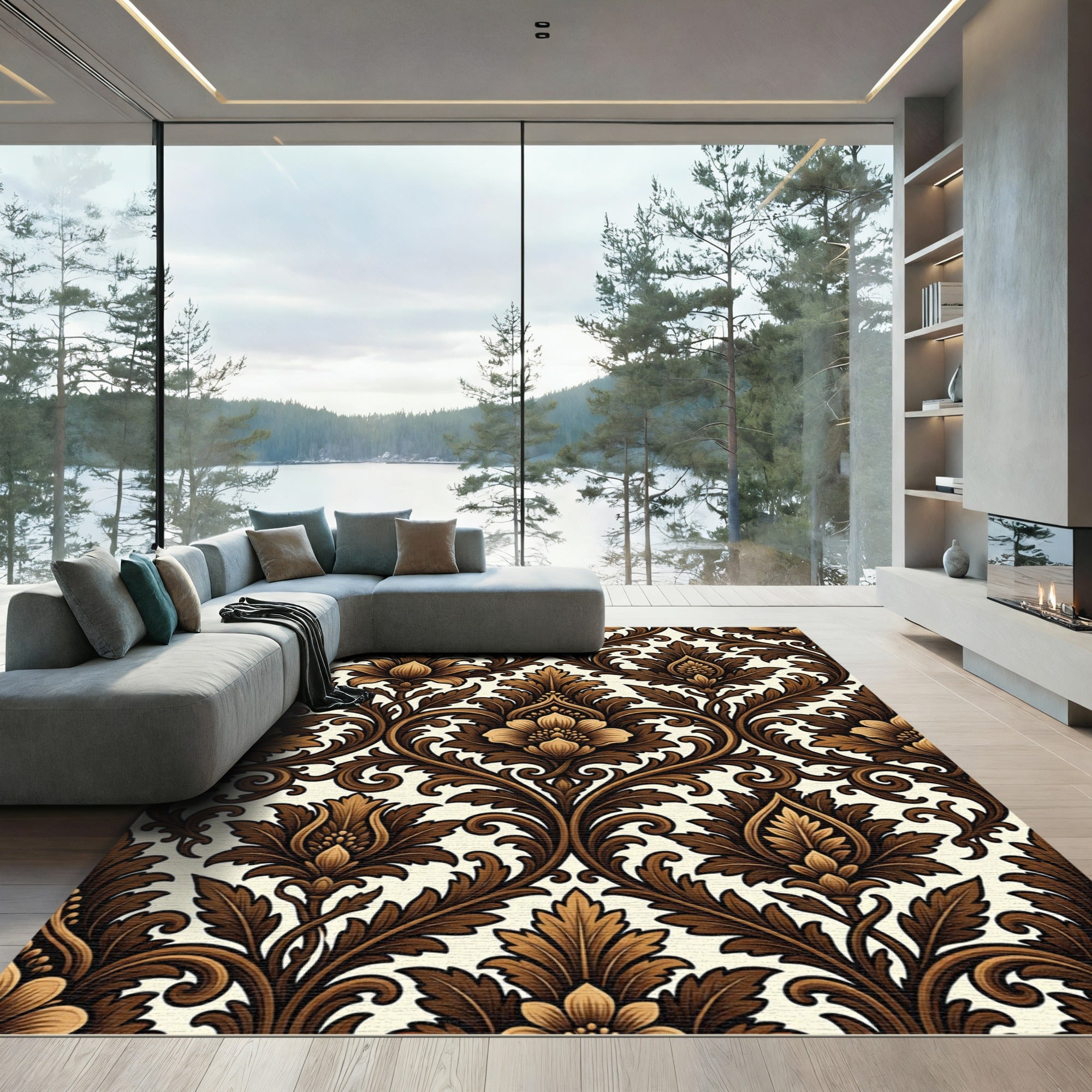 Antique Bronze Floral Damask Rug
