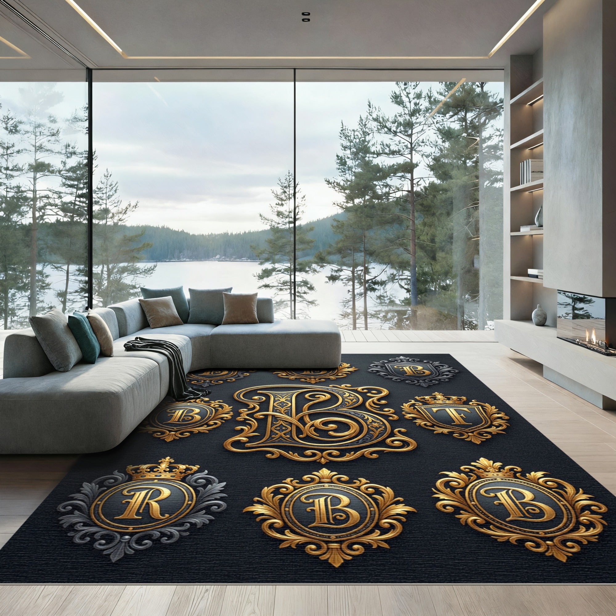 Ornate Golden Gothic Initial Crest Rug