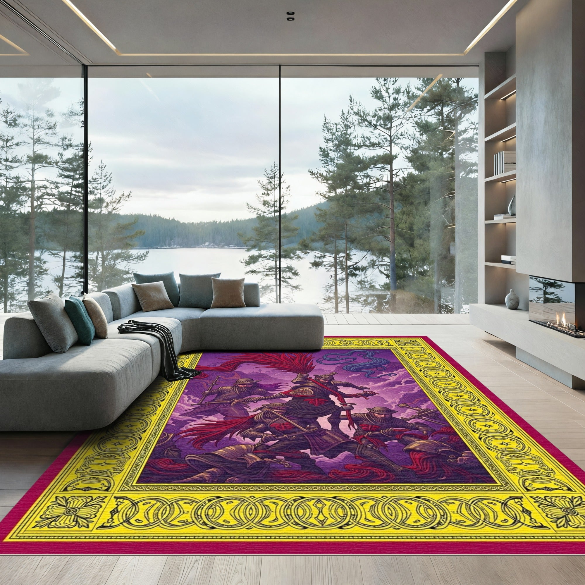 Crimson And Azure Warriors Border Rug