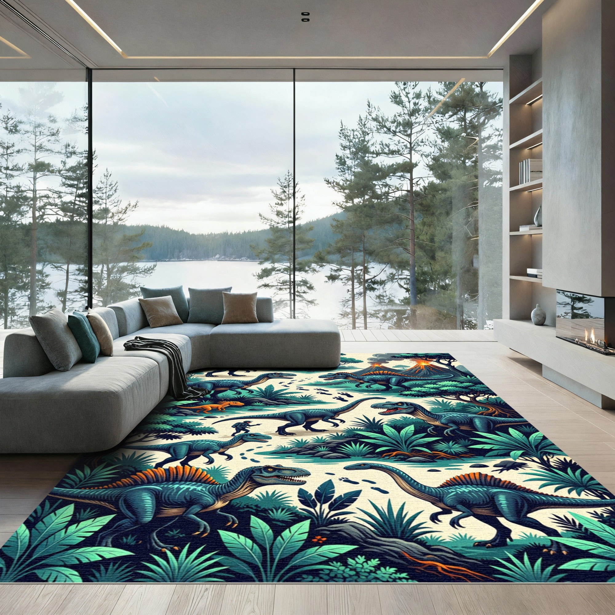Vibrant Prehistoric Dinosaur Lush Jungle Landscape Rug