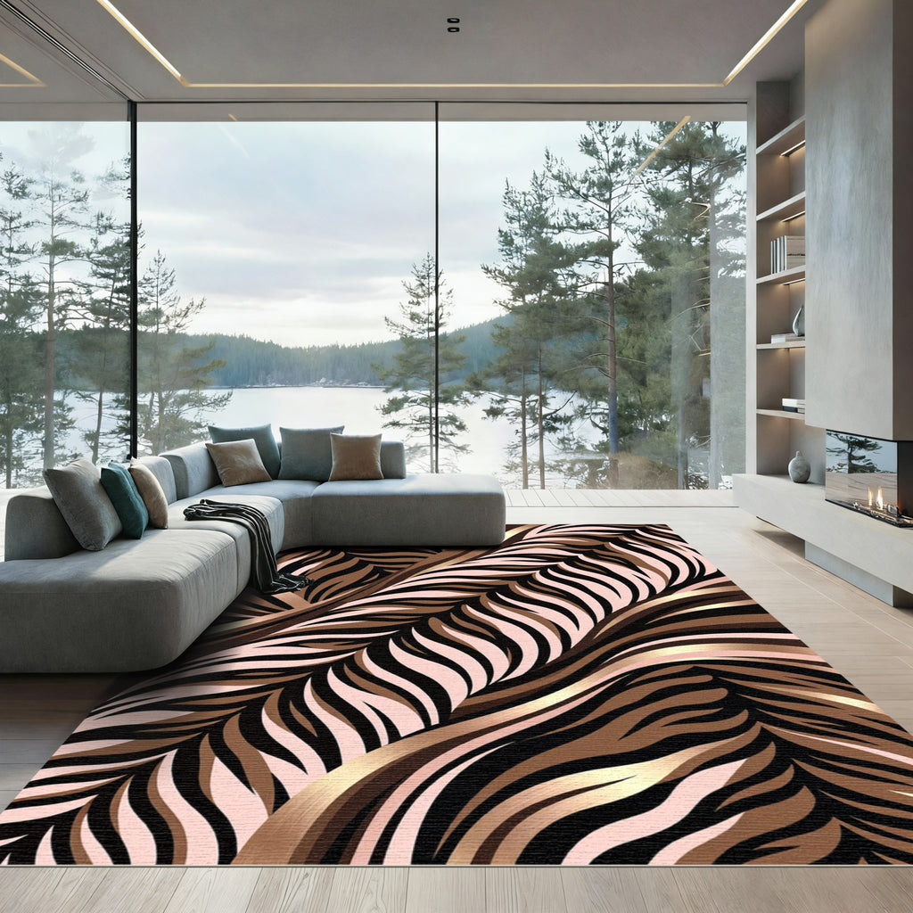 Chic Bronze Zebra Stripe Swirl Art Rug