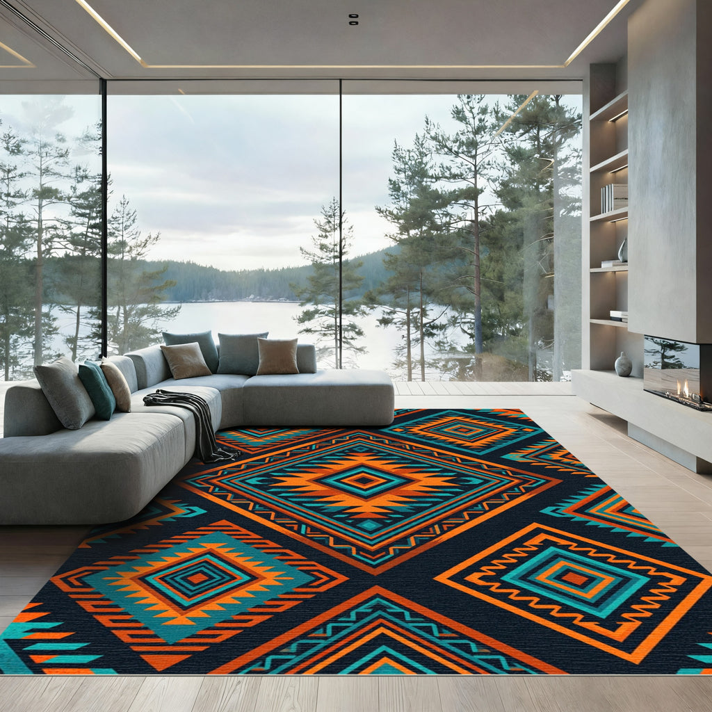 Vibrant Orange Teal Geometric Diamond Rug